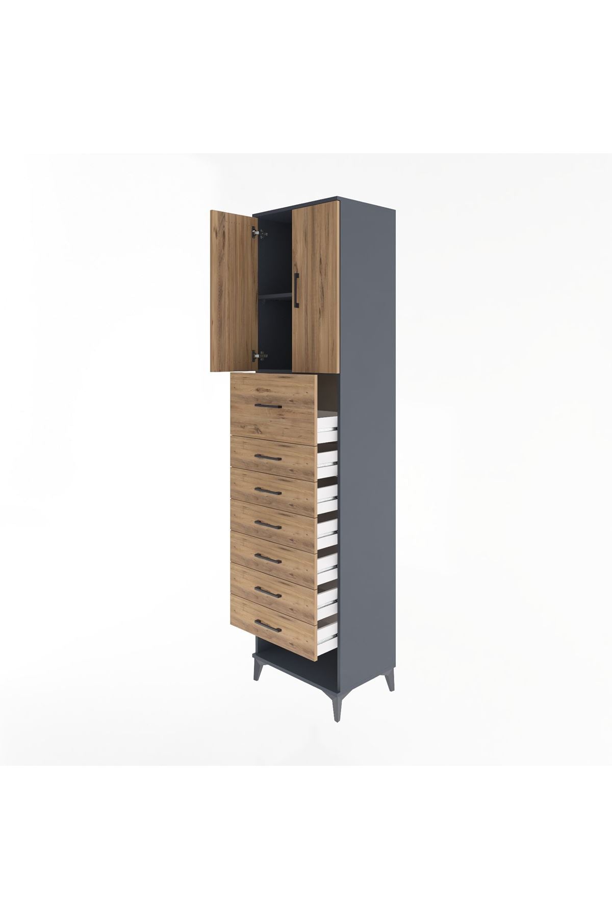 Hyperion Dolap 2 Raflı 7 Çekmeceli 2 Kapaklı 60x44x243 Antrasit-Çam