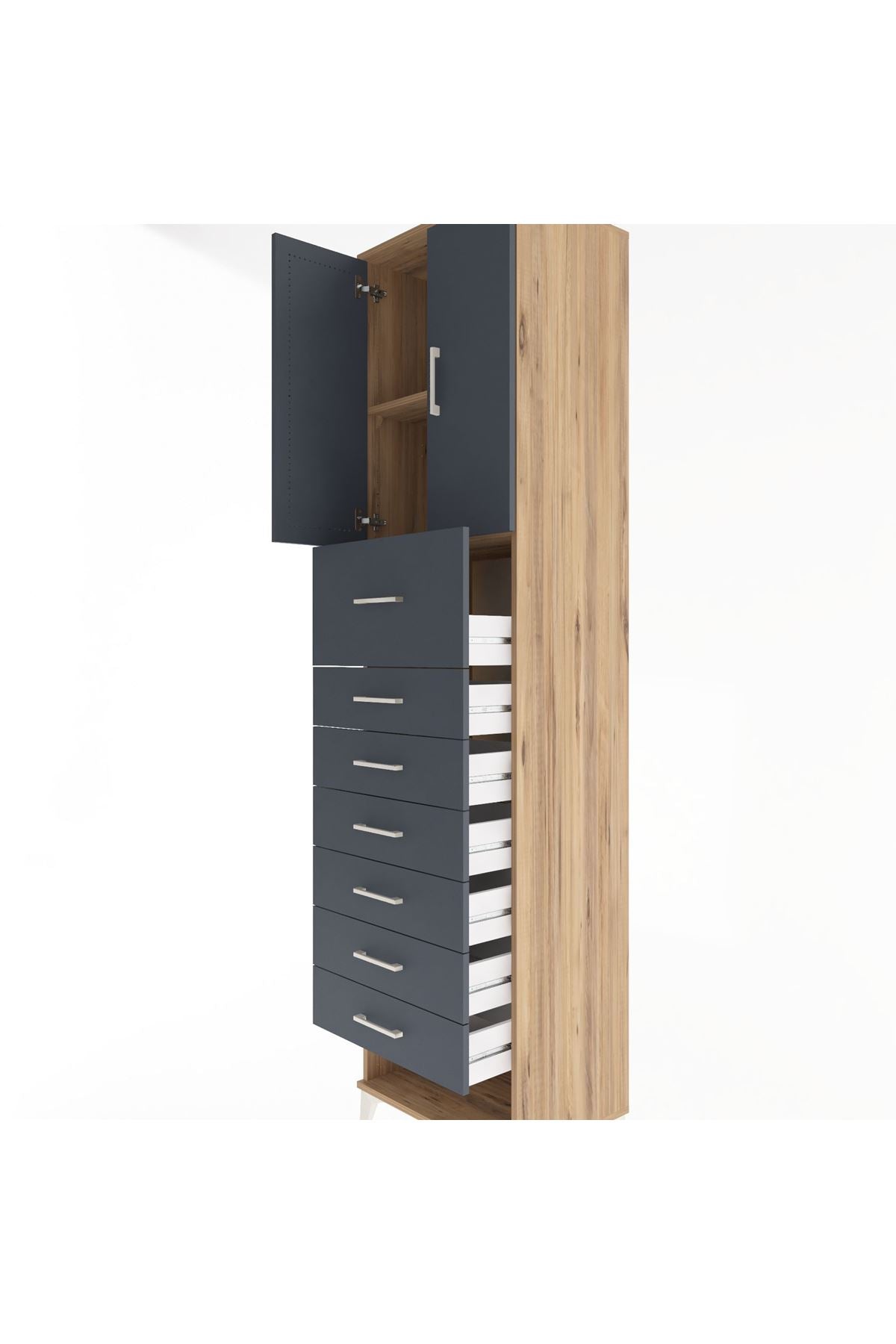 Hyperion Dolap 2 Raflı 7 Çekmeceli 2 Kapaklı 60x44x243 Çam-Antrasit