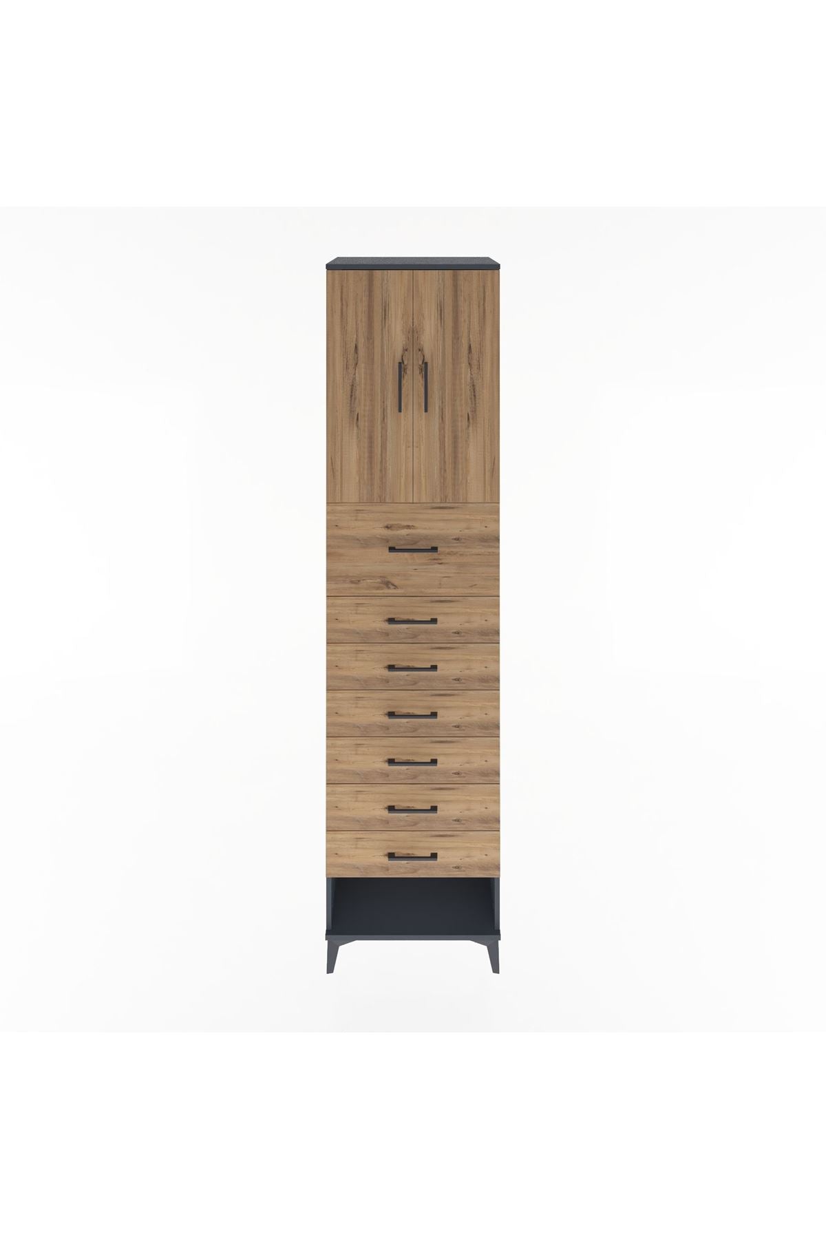 Hyperion Dolap 2 Raflı 7 Çekmeceli 2 Kapaklı 60x44x243 Antrasit-Çam