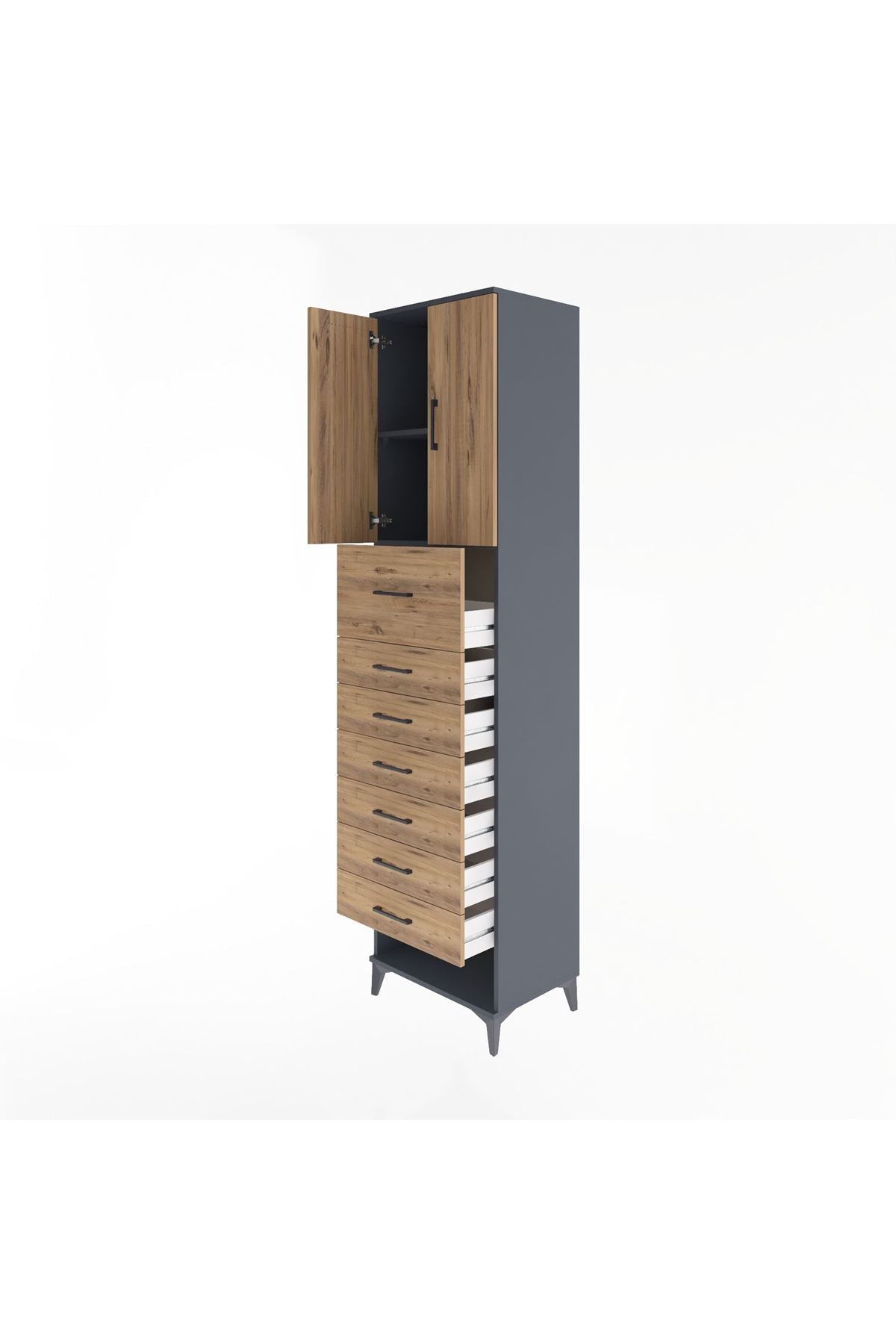 Hyperion Dolap 2 Raflı 7 Çekmeceli 2 Kapaklı 60x44x243 Antrasit-Çam