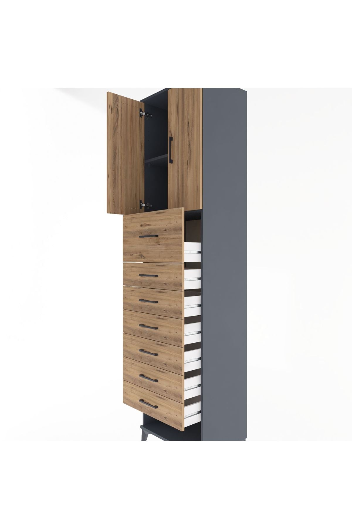 Hyperion Dolap 2 Raflı 7 Çekmeceli 2 Kapaklı 60x44x243 Antrasit-Çam