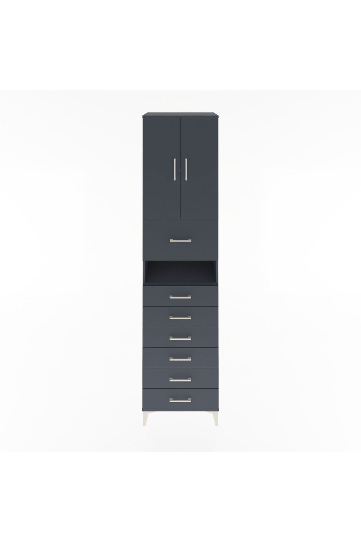 Hyperion Dolap 2 Raflı 7 Çekmeceli 2 Kapaklı 60x44x243 Antrasit-Antrasit