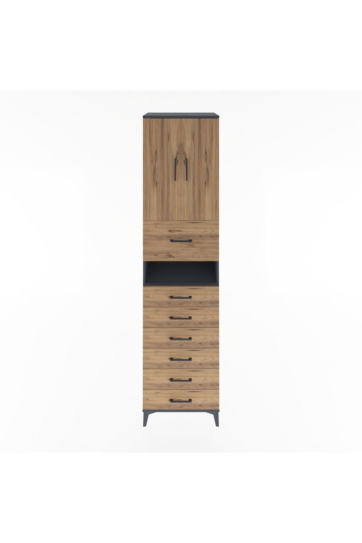 Hyperion Dolap 2 Raflı 7 Çekmeceli 2 Kapaklı 60x44x243 Antrasit-Çam