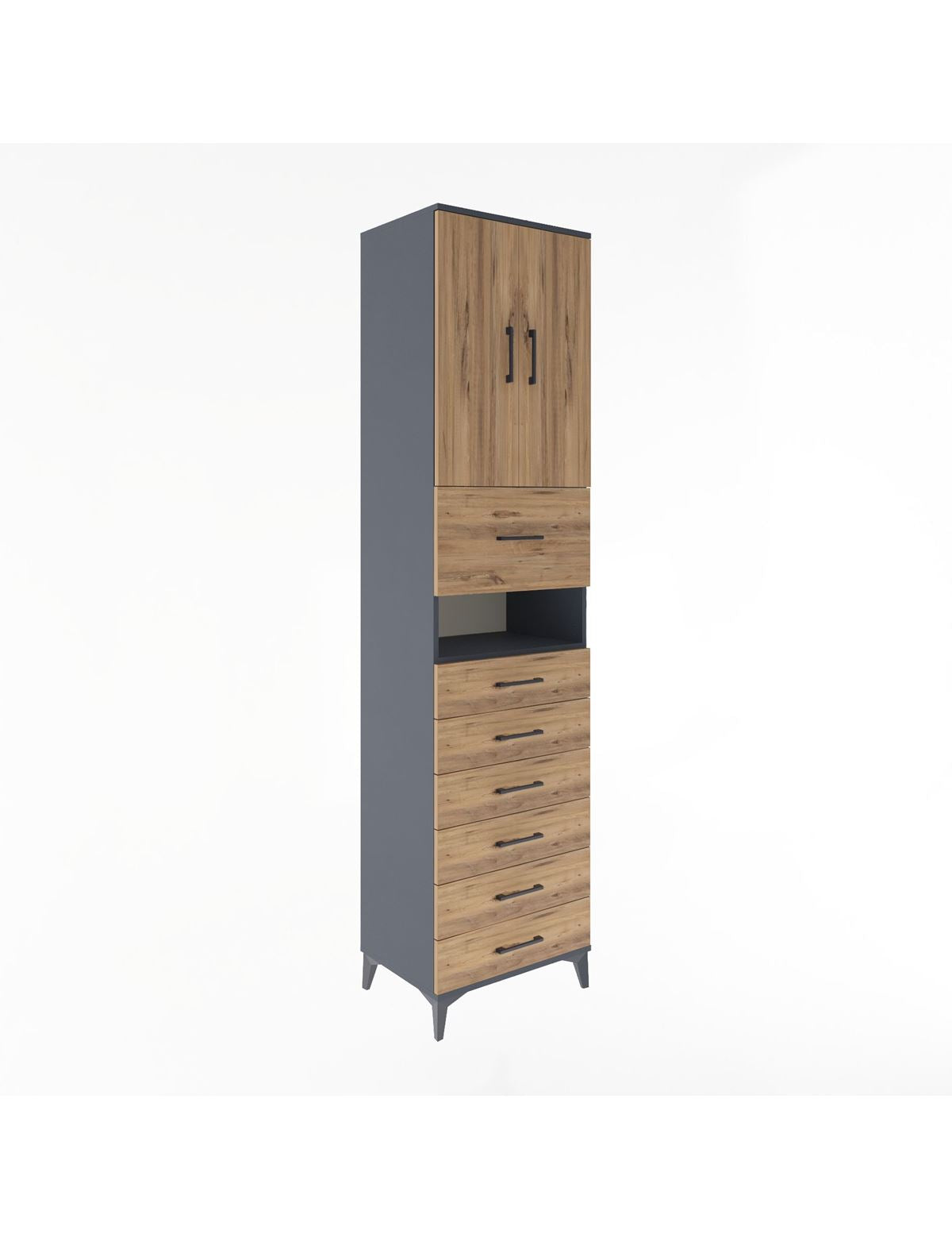 Hyperion Dolap 2 Raflı 7 Çekmeceli 2 Kapaklı 60x44x243 Antrasit-Çam