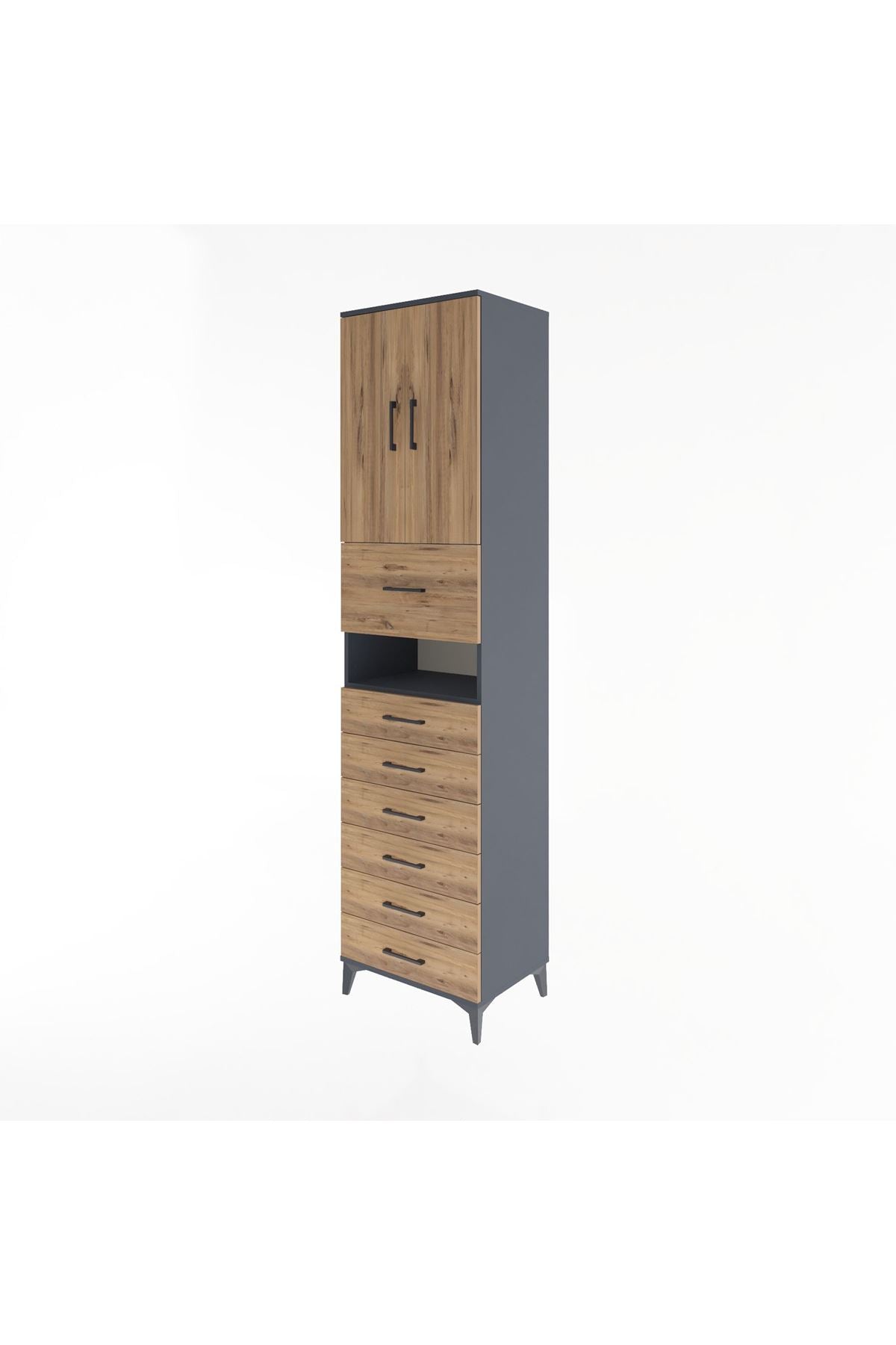 Hyperion Dolap 2 Raflı 7 Çekmeceli 2 Kapaklı 60x44x243 Antrasit-Çam