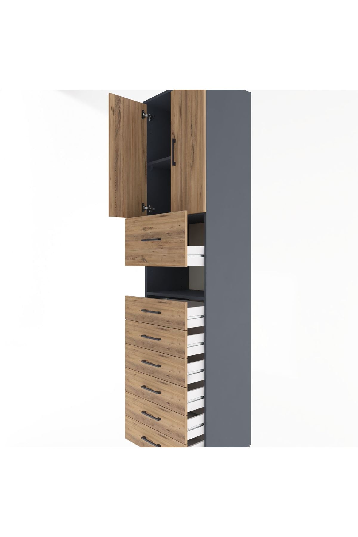 Hyperion Dolap 2 Raflı 7 Çekmeceli 2 Kapaklı 60x44x243 Antrasit-Çam