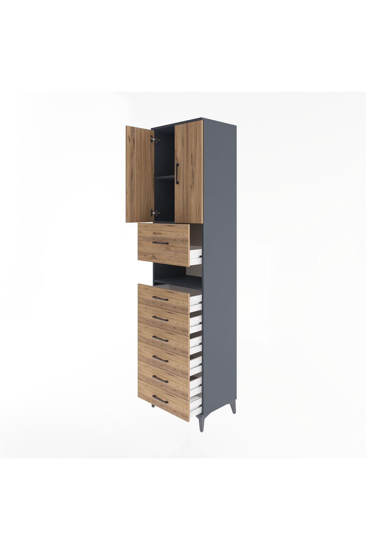 Hyperion Dolap 2 Raflı 7 Çekmeceli 2 Kapaklı 60x44x243 Antrasit-Çam