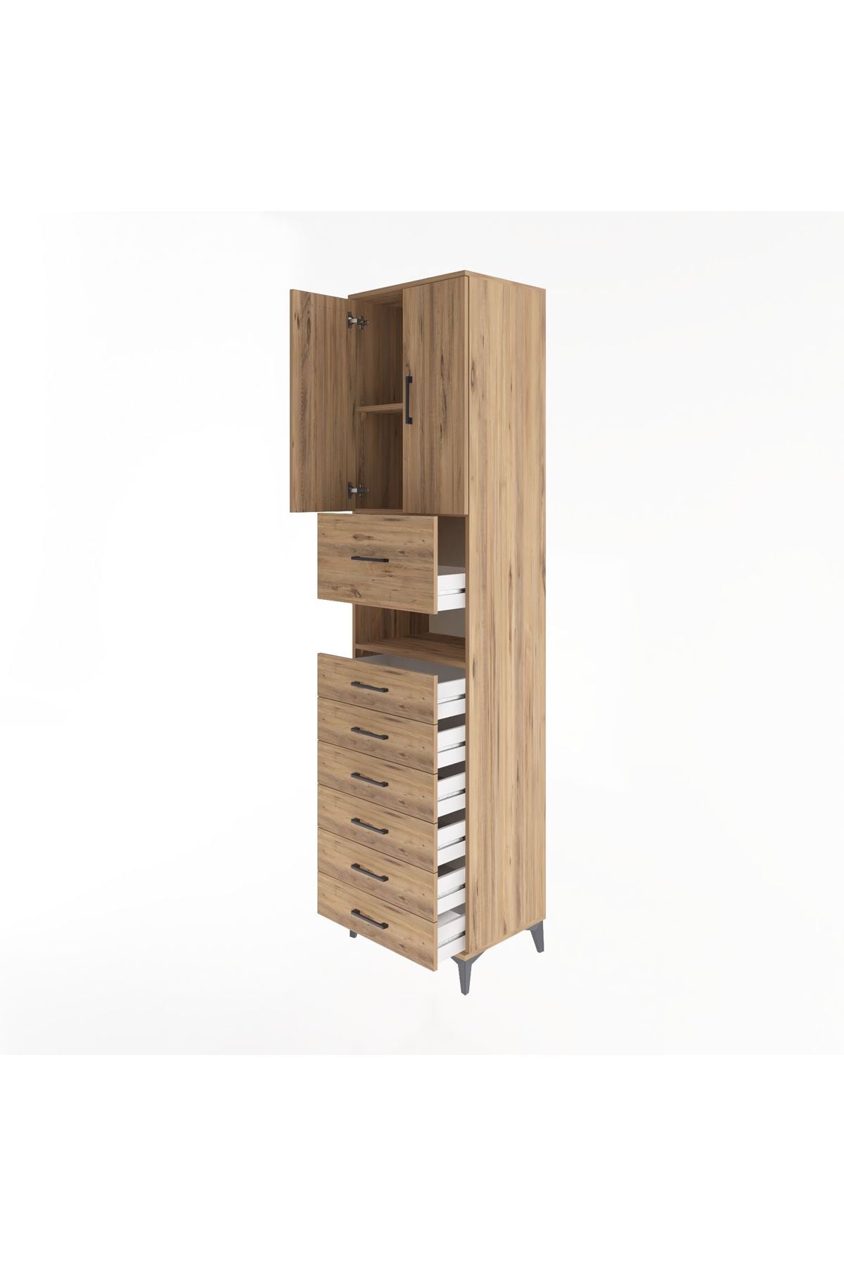 Hyperion Dolap 2 Raflı 7 Çekmeceli 2 Kapaklı 60x44x243 Çam-Çam