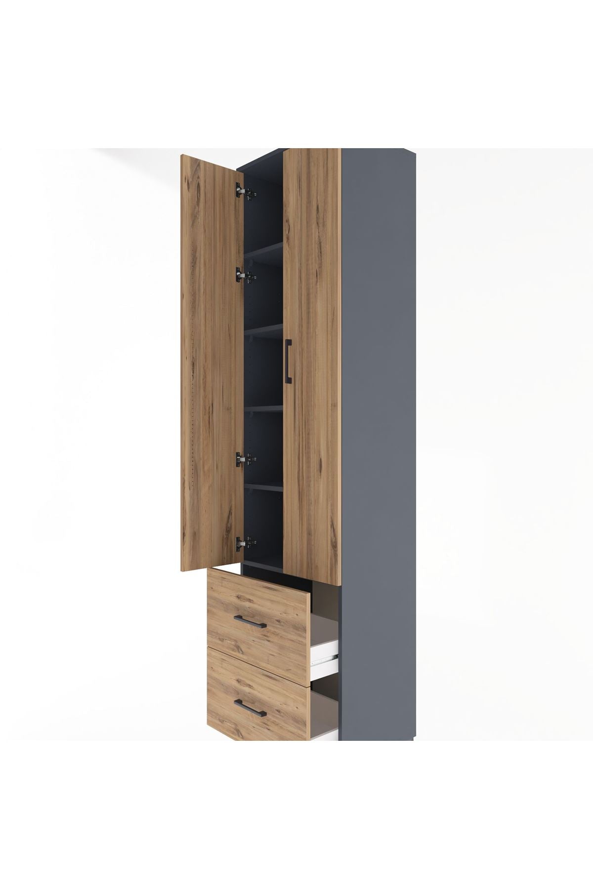 Hyperion Dolap 5 Raflı 2 Çekmeceli 2 Kapaklı 60x44x243 Antrasit-Çam