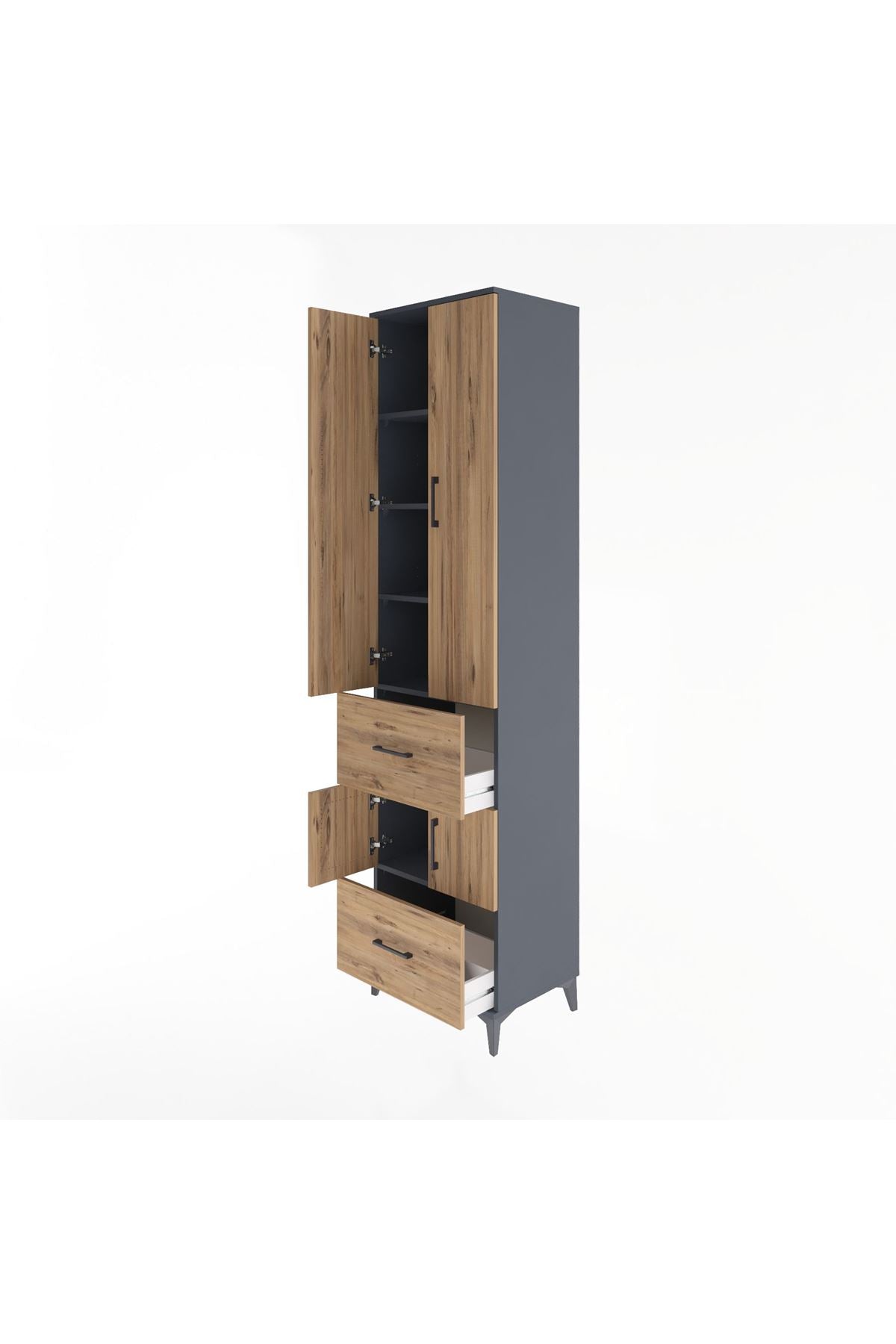 Hyperion Dolap 5 Raflı 2 Çekmeceli 4 Kapaklı 60x44x243 Antrasit-Çam