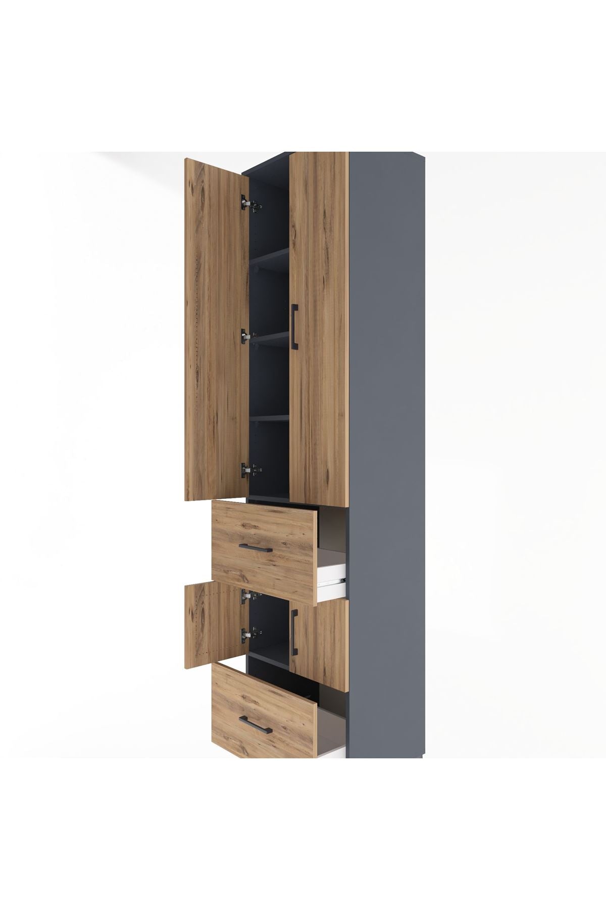 Hyperion Dolap 5 Raflı 2 Çekmeceli 4 Kapaklı 60x44x243 Antrasit-Çam