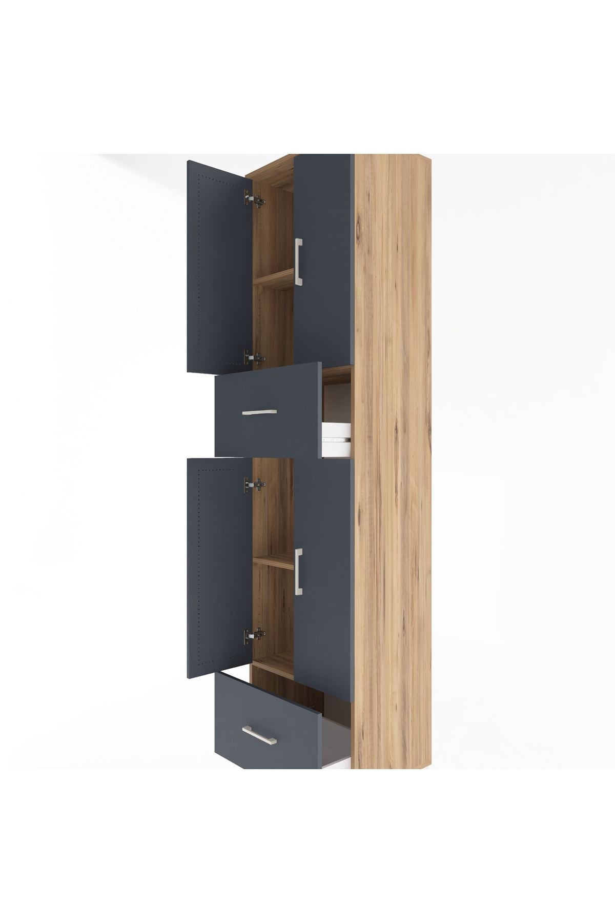 Hyperion Dolap 4 Raflı 2 Çekmeceli 4 Kapaklı 60x44x243 Çam-Antrasit