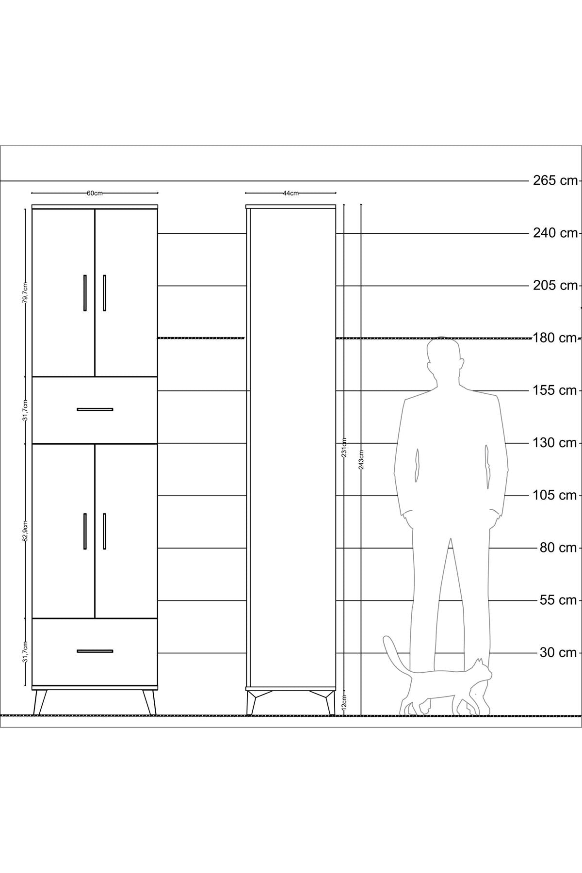 Hyperion Dolap 4 Raflı 2 Çekmeceli 4 Kapaklı 60x44x243 Çam-Antrasit