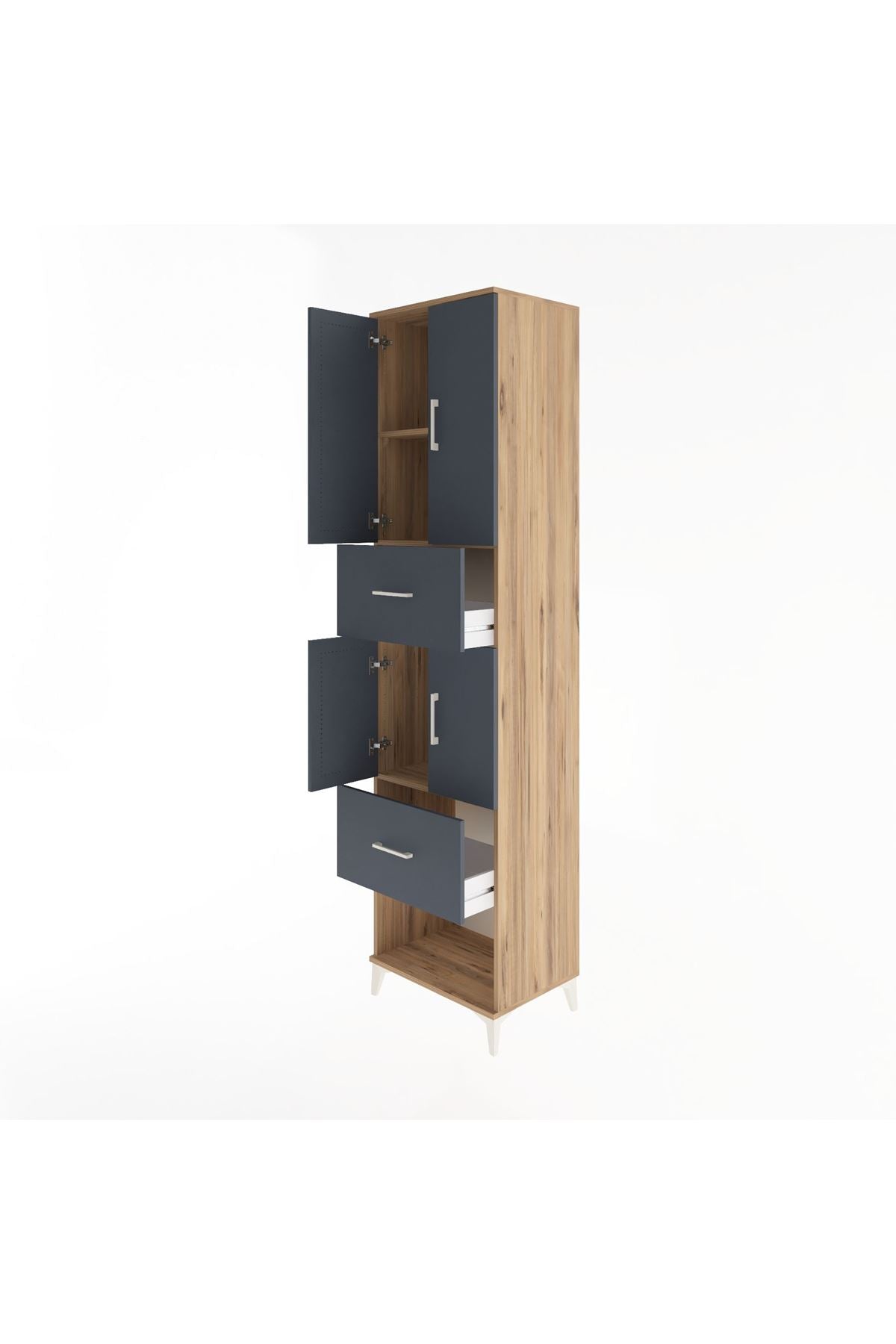 Hyperion Dolap 3 Raflı 2 Çekmeceli 4 Kapaklı 60x44x243 Çam-Antrasit