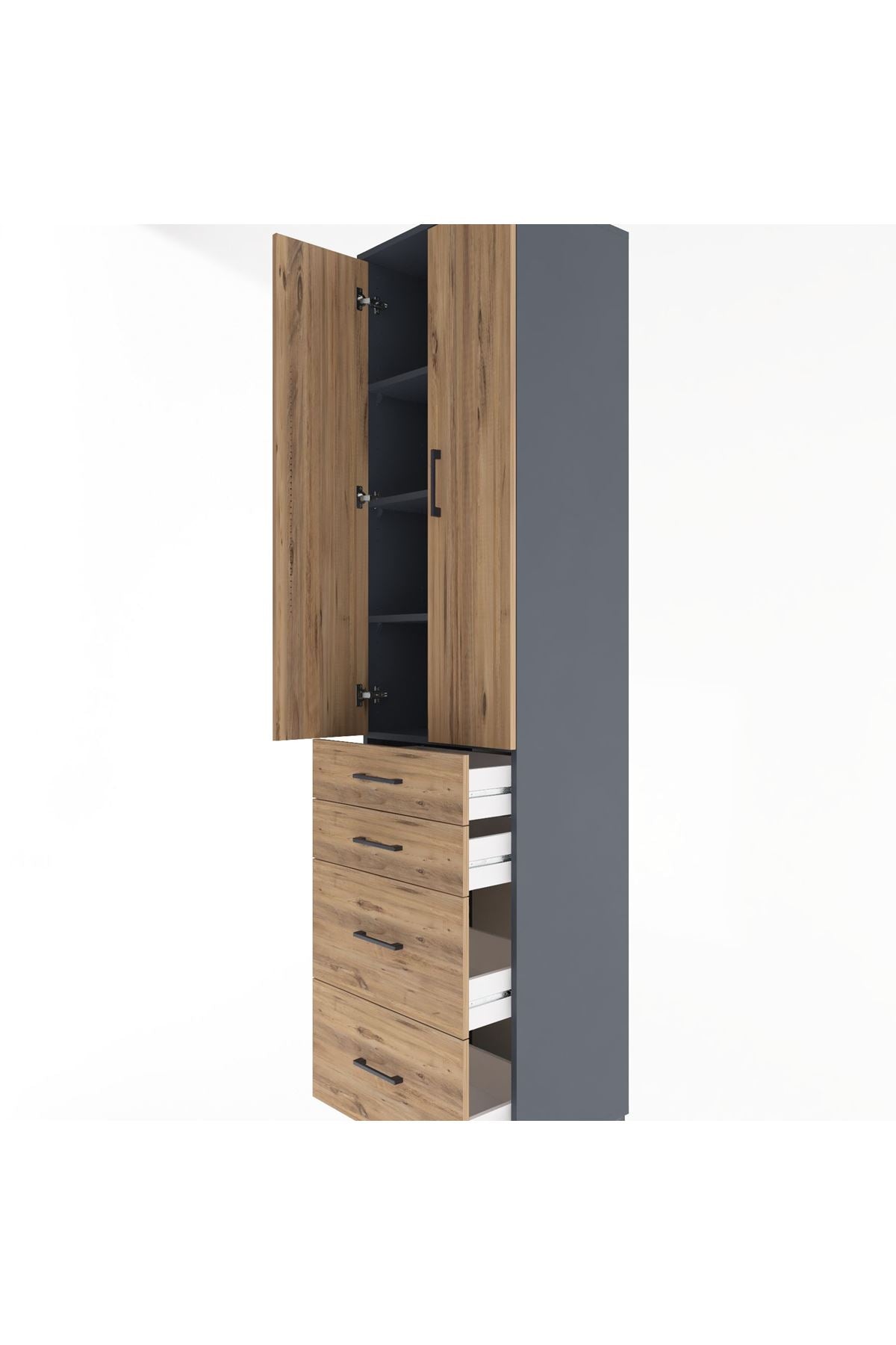 Hyperion Dolap 4 Raflı 4 Çekmeceli 2 Kapaklı 60x44x243 Antrasit-Çam