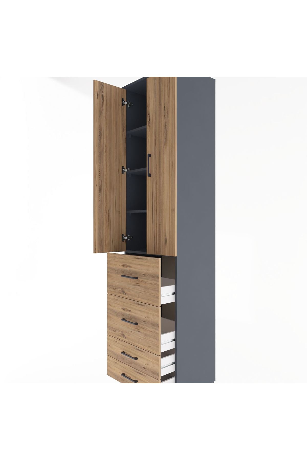 Hyperion Dolap 4 Raflı 4 Çekmeceli 2 Kapaklı 60x44x243 Antrasit-Çam