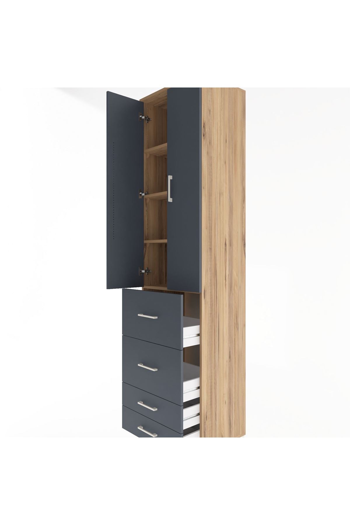 Hyperion Dolap 4 Raflı 4 Çekmeceli 2 Kapaklı 60x44x243 Çam-Antrasit