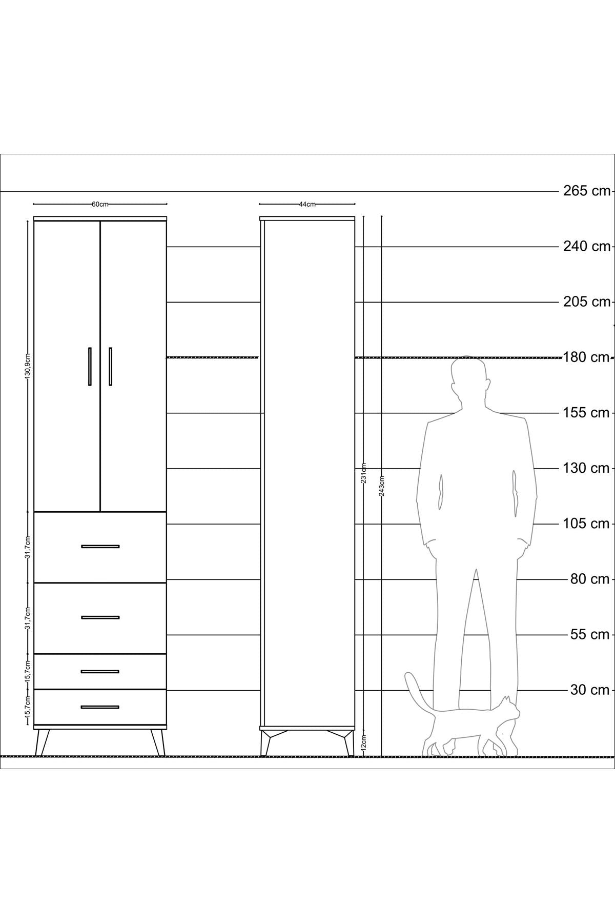 Hyperion Dolap 4 Raflı 4 Çekmeceli 2 Kapaklı 60x44x243 Çam-Antrasit