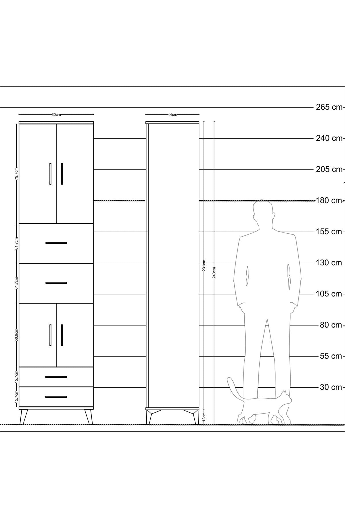 Hyperion Dolap 3 Raflı 4 Çekmeceli 4 Kapaklı 60x44x243 Antrasit-Çam