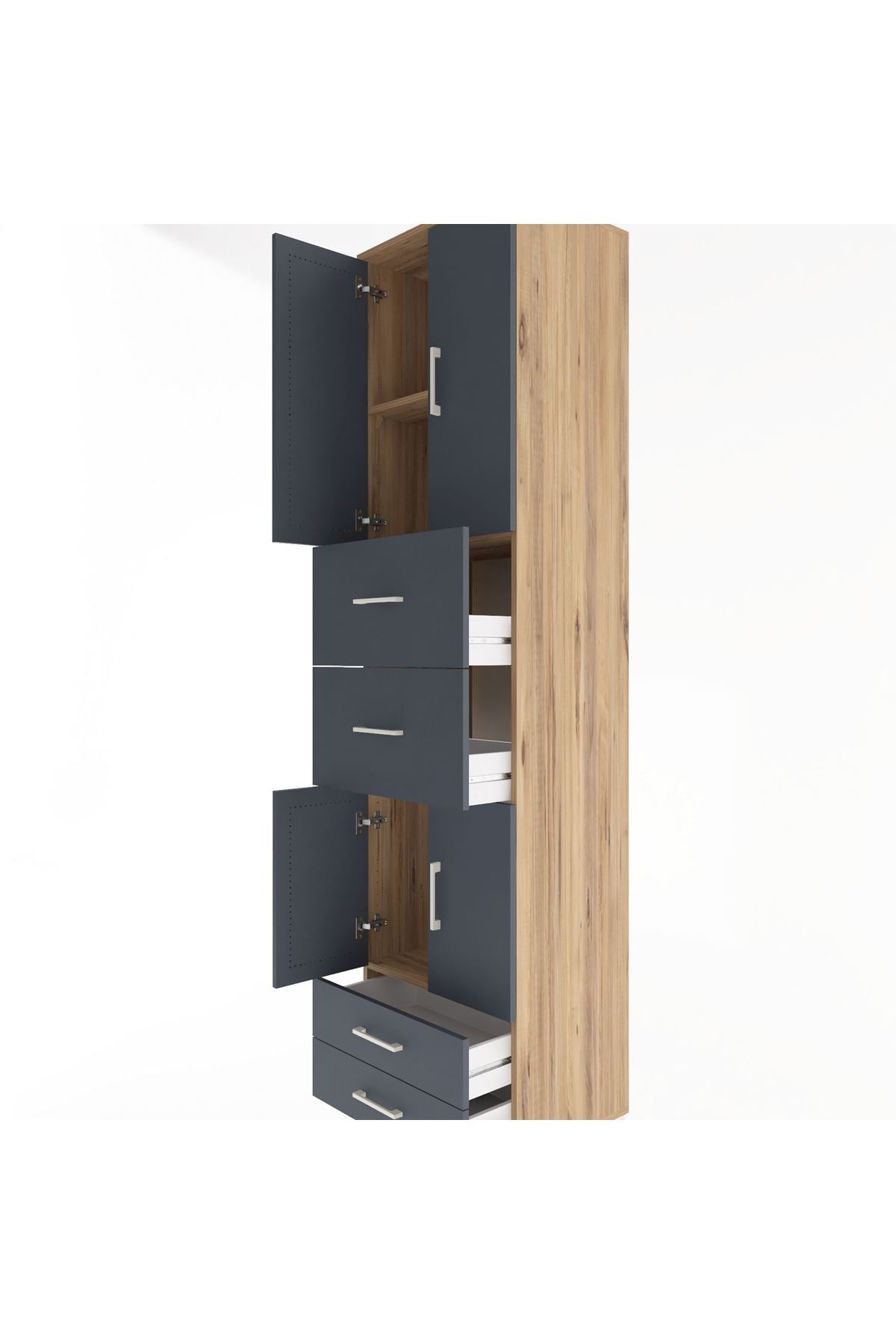 Hyperion Dolap 3 Raflı 4 Çekmeceli 4 Kapaklı 60x44x243 Çam-Antrasit