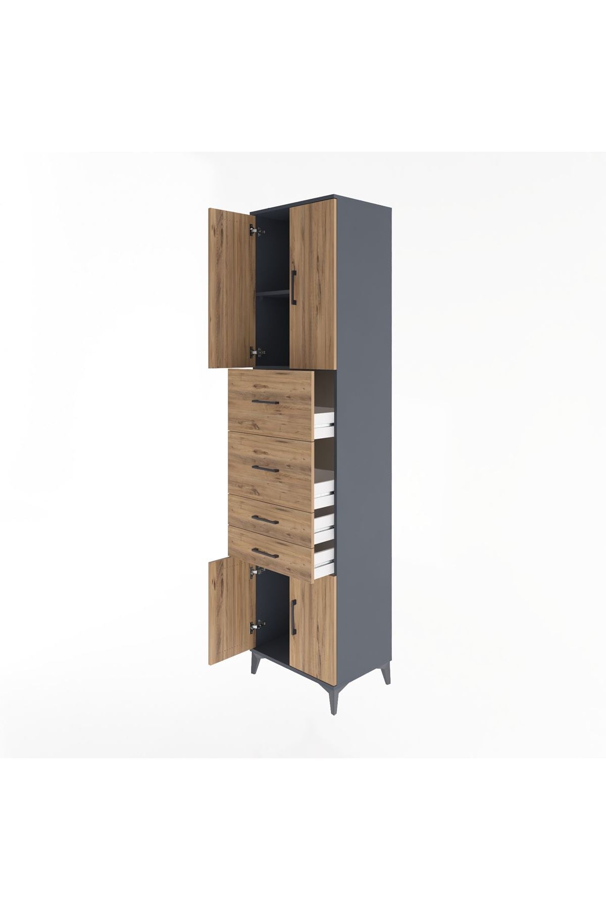 Hyperion Dolap 2 Raflı 4 Çekmeceli 4 Kapaklı 60x44x243 Antrasit-Çam