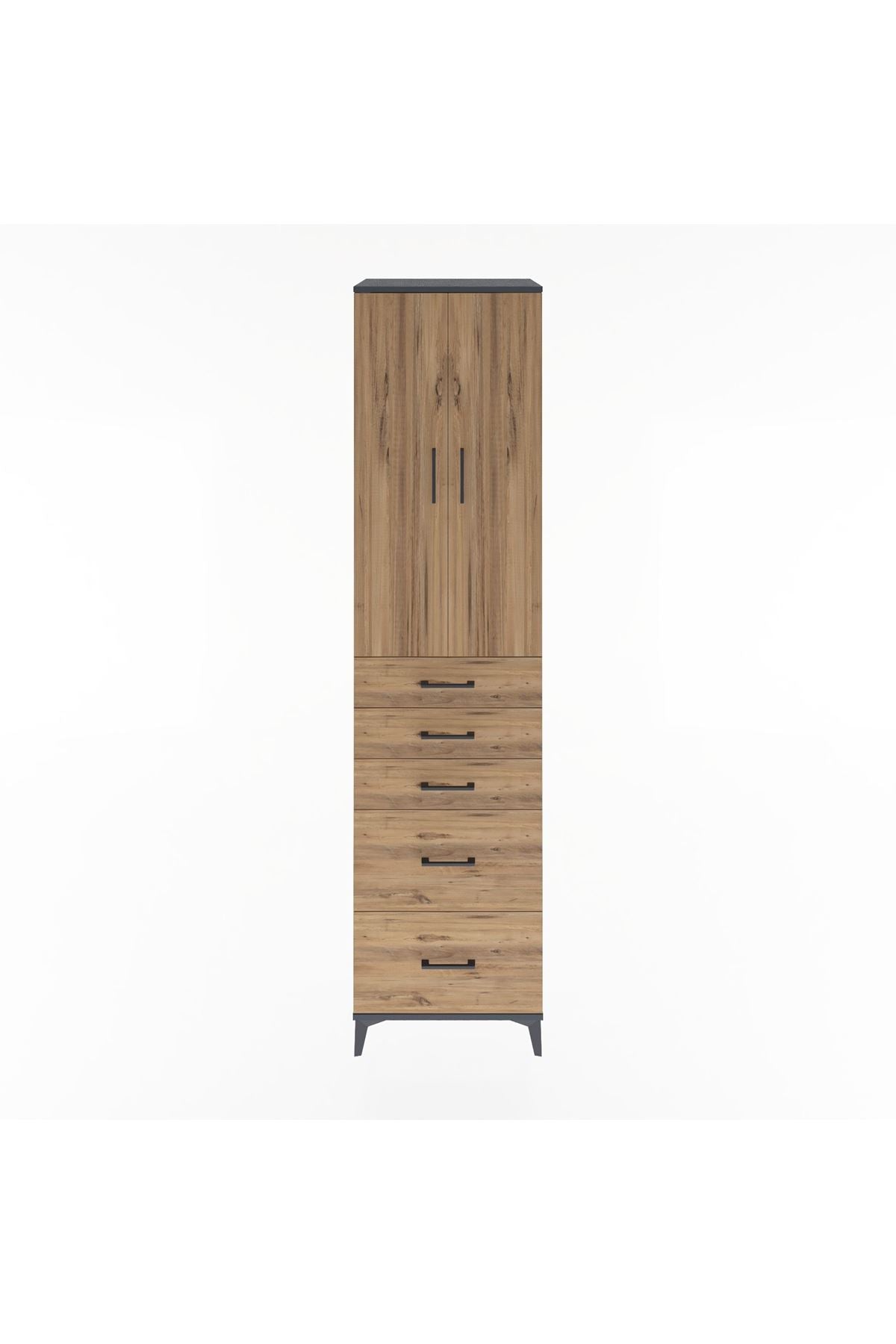 Hyperion Dolap 3 Raflı 5 Çekmeceli 2 Kapaklı 60x44x243 Antrasit-Çam