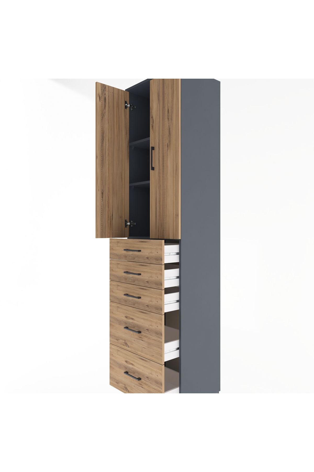 Hyperion Dolap 3 Raflı 5 Çekmeceli 2 Kapaklı 60x44x243 Antrasit-Çam