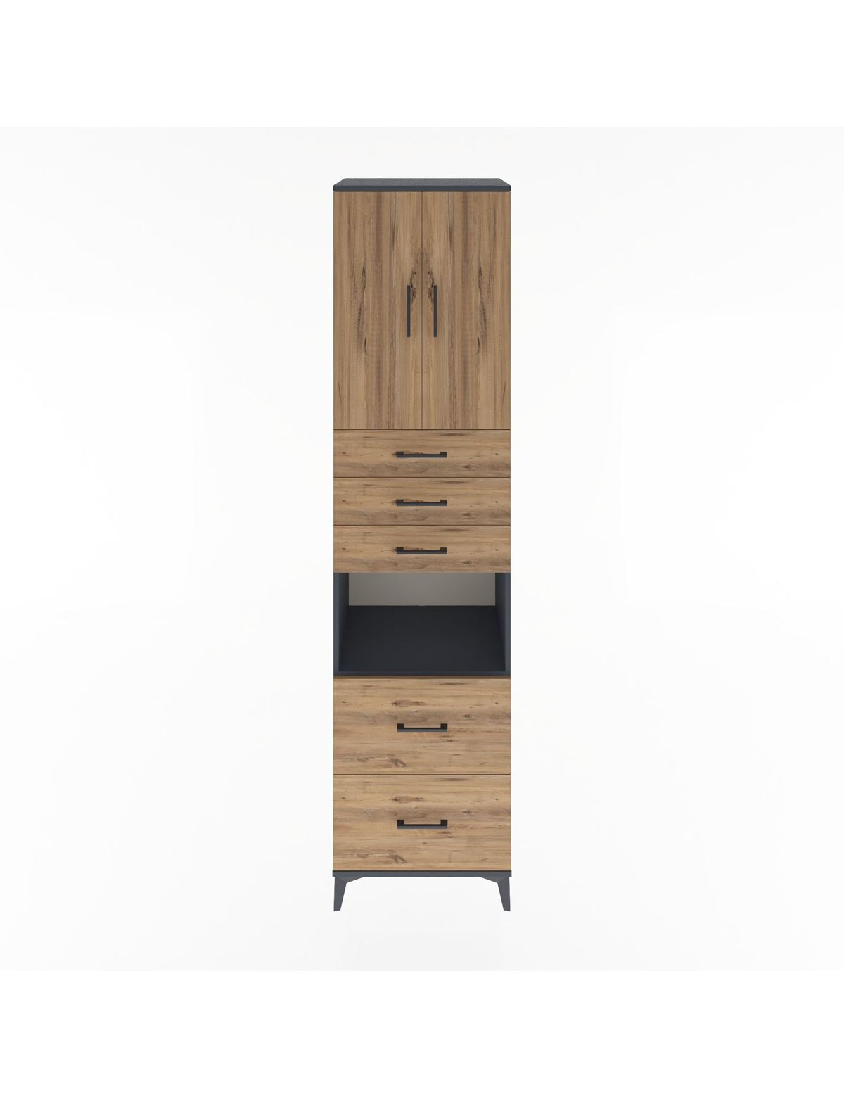 Hyperion Dolap 3 Raflı 5 Çekmeceli 2 Kapaklı 60x44x243 Antrasit-Çam