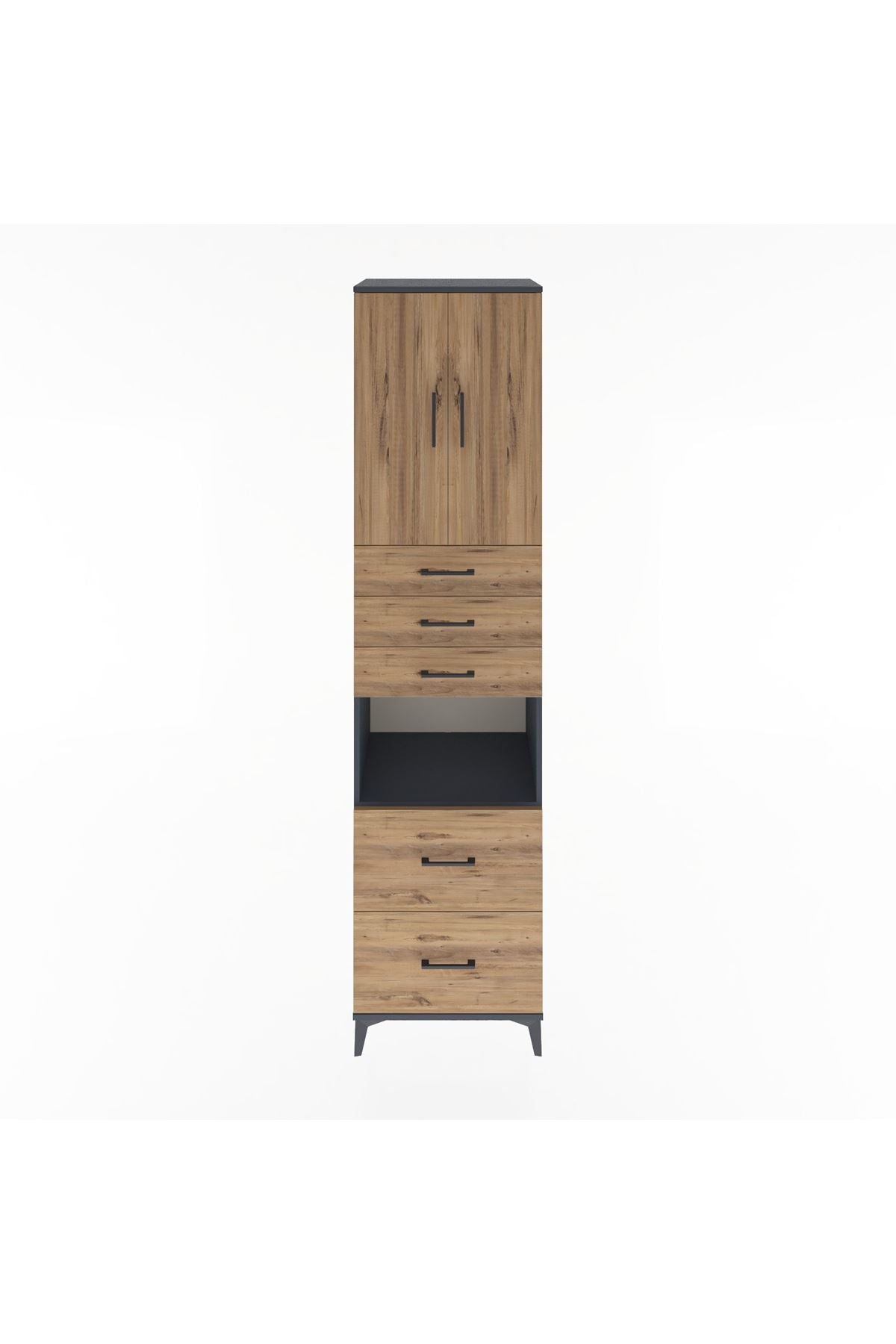 Hyperion Dolap 3 Raflı 5 Çekmeceli 2 Kapaklı 60x44x243 Antrasit-Çam