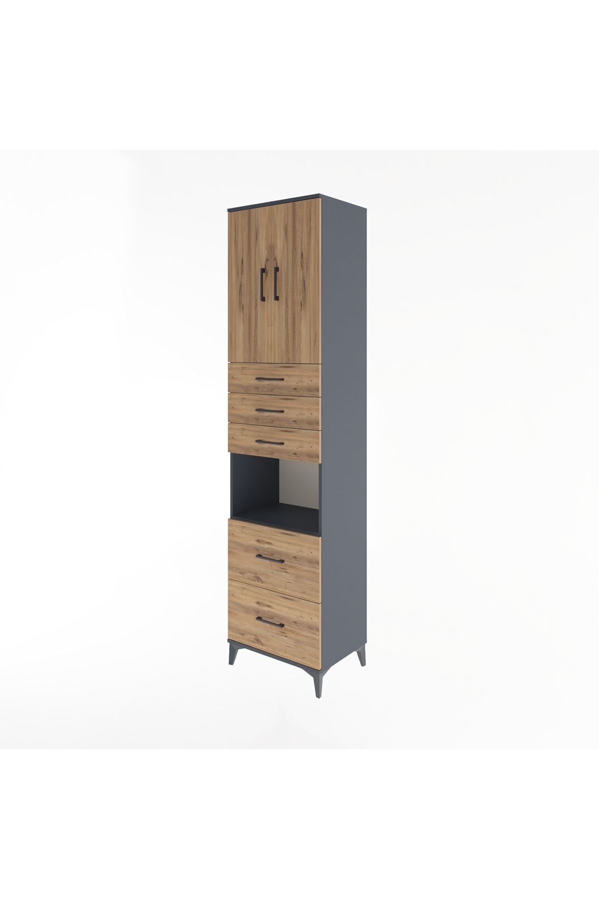 Hyperion Dolap 3 Raflı 5 Çekmeceli 2 Kapaklı 60x44x243 Antrasit-Çam