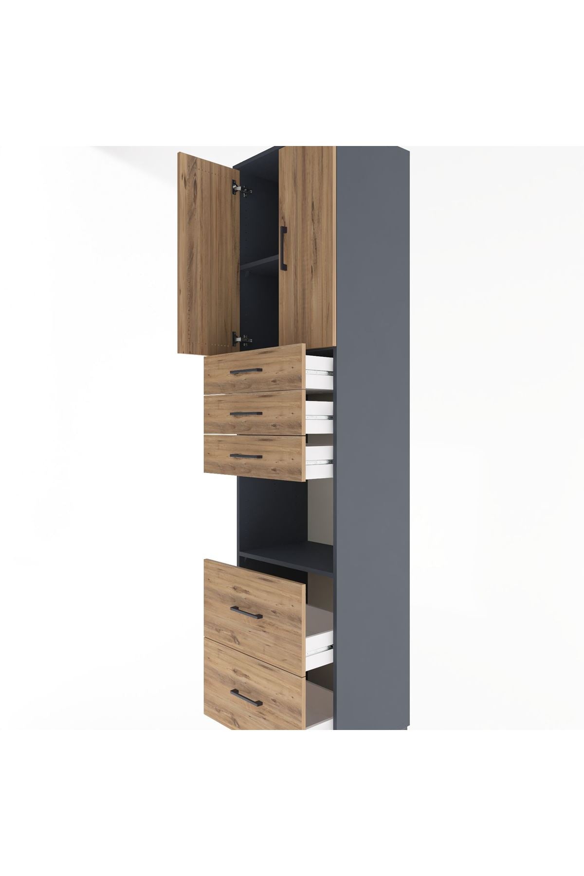 Hyperion Dolap 3 Raflı 5 Çekmeceli 2 Kapaklı 60x44x243 Antrasit-Çam