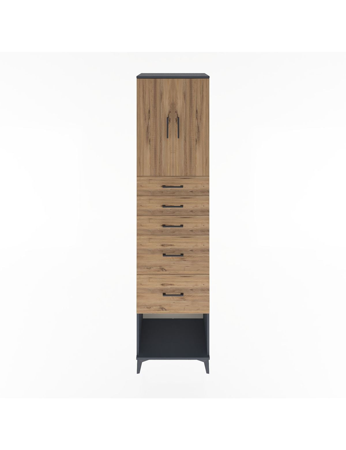 Hyperion Dolap 2 Raflı 5 Çekmeceli 2 Kapaklı 60x44x243 Antrasit-Çam