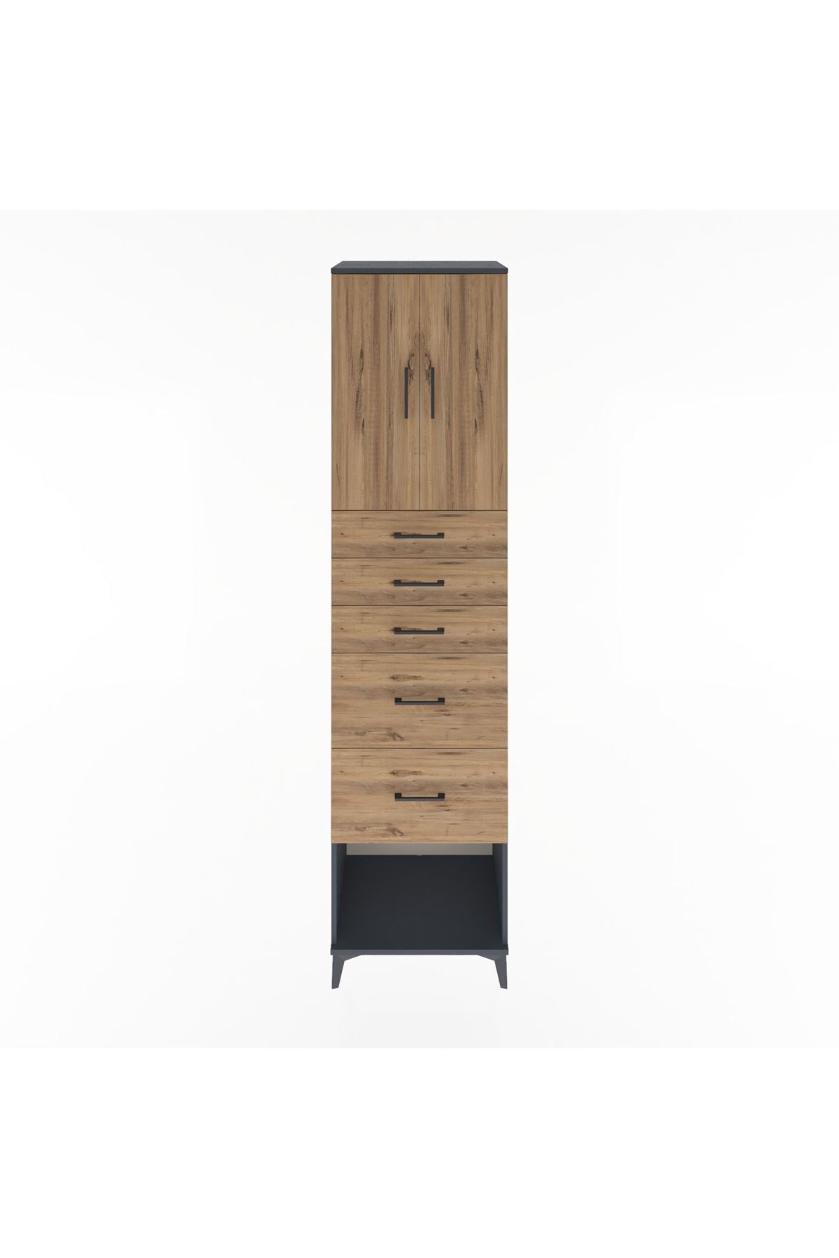 Hyperion Dolap 2 Raflı 5 Çekmeceli 2 Kapaklı 60x44x243 Antrasit-Çam