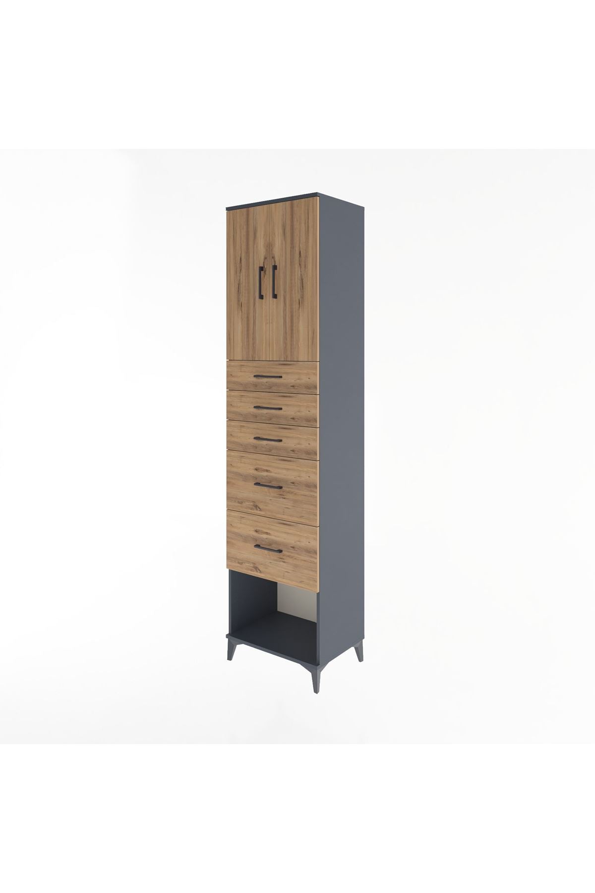 Hyperion Dolap 2 Raflı 5 Çekmeceli 2 Kapaklı 60x44x243 Antrasit-Çam