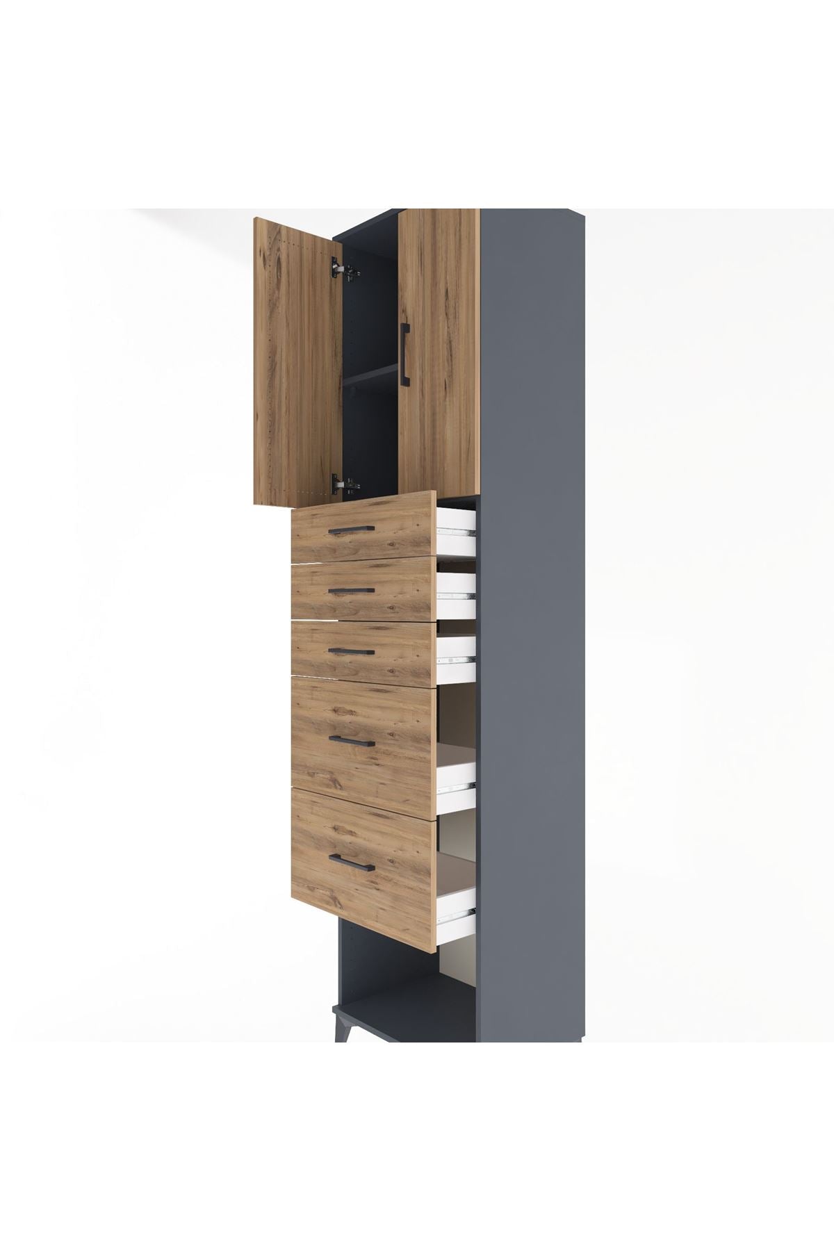 Hyperion Dolap 2 Raflı 5 Çekmeceli 2 Kapaklı 60x44x243 Antrasit-Çam