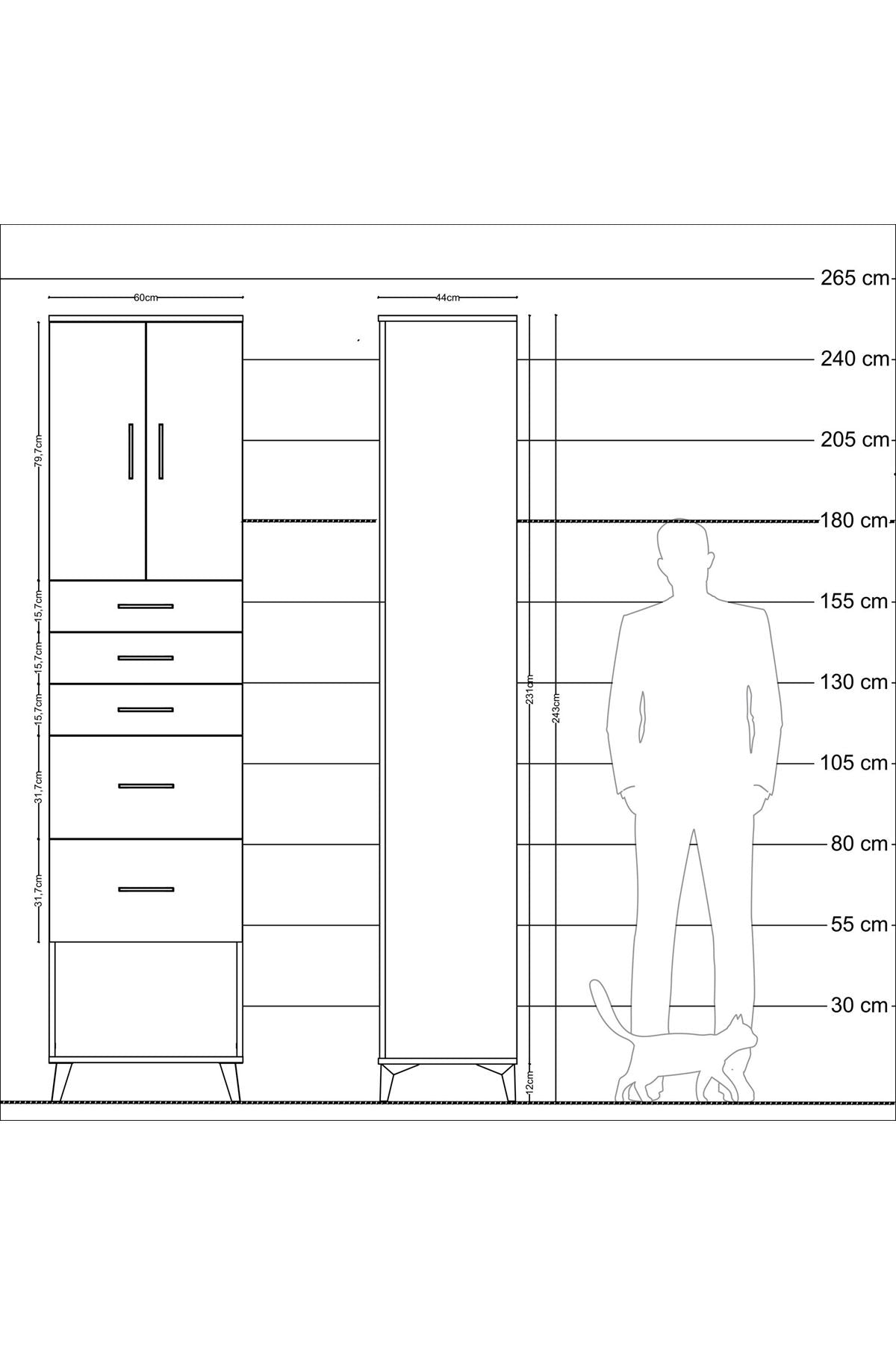 Hyperion Dolap 2 Raflı 5 Çekmeceli 2 Kapaklı 60x44x243 Antrasit-Çam