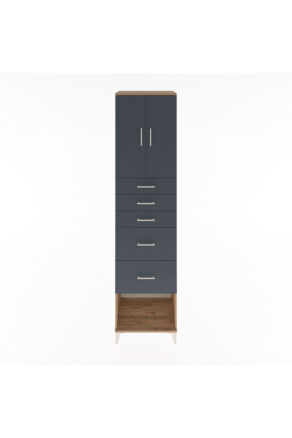 Hyperion Dolap 2 Raflı 5 Çekmeceli 2 Kapaklı 60x44x243 Çam-Antrasit