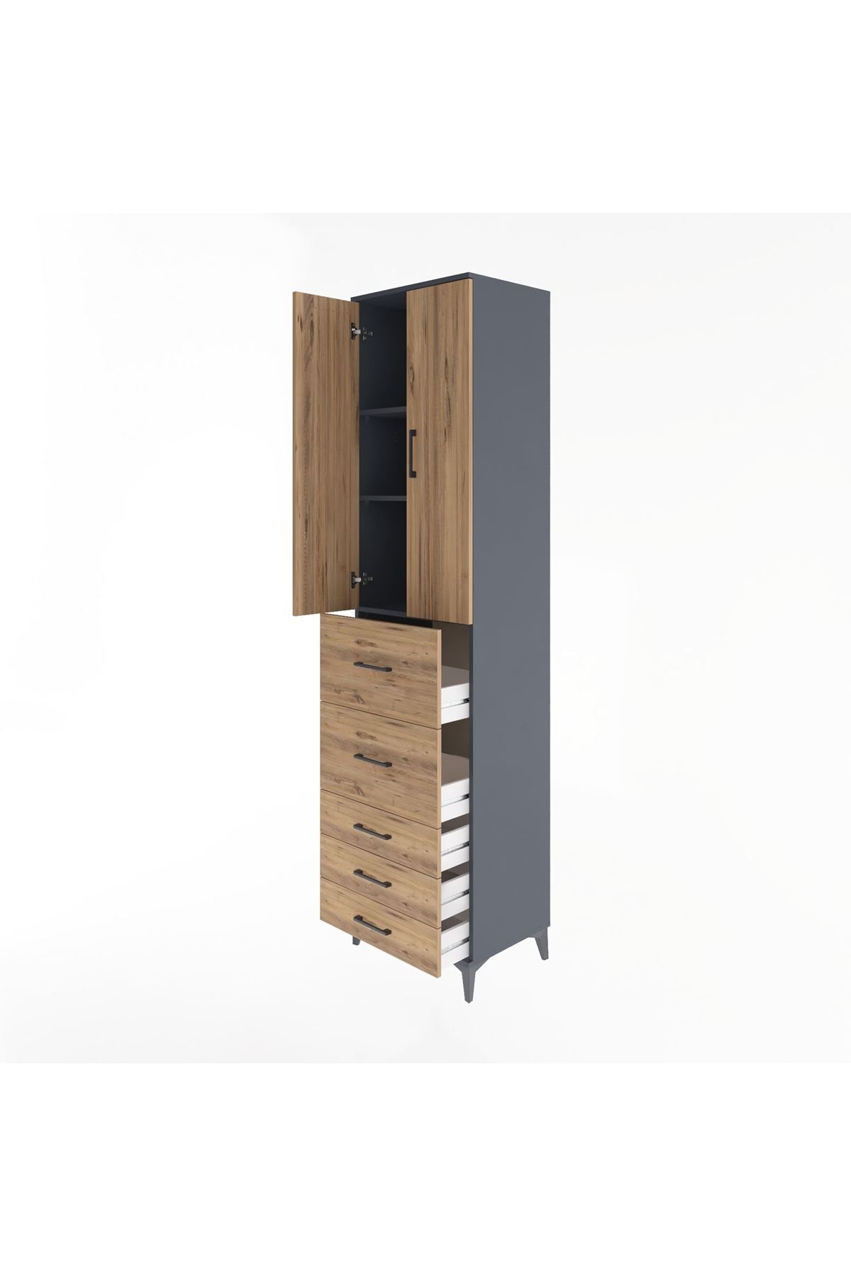 Hyperion Dolap 3 Raflı 5 Çekmeceli 2 Kapaklı 60x44x243 Antrasit-Çam