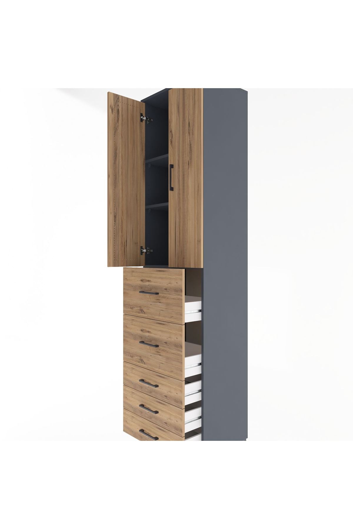 Hyperion Dolap 3 Raflı 5 Çekmeceli 2 Kapaklı 60x44x243 Antrasit-Çam