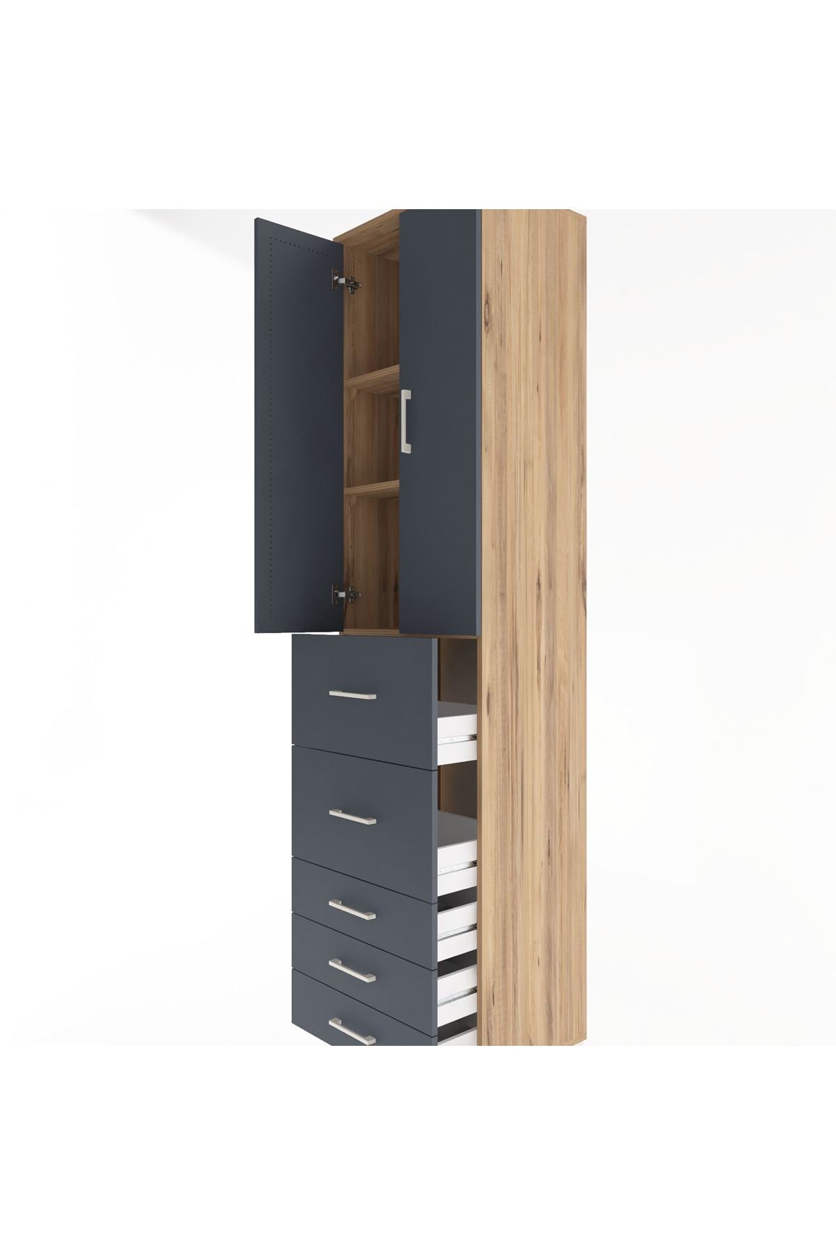 Hyperion Dolap 3 Raflı 5 Çekmeceli 2 Kapaklı 60x44x243 Çam-Antrasit