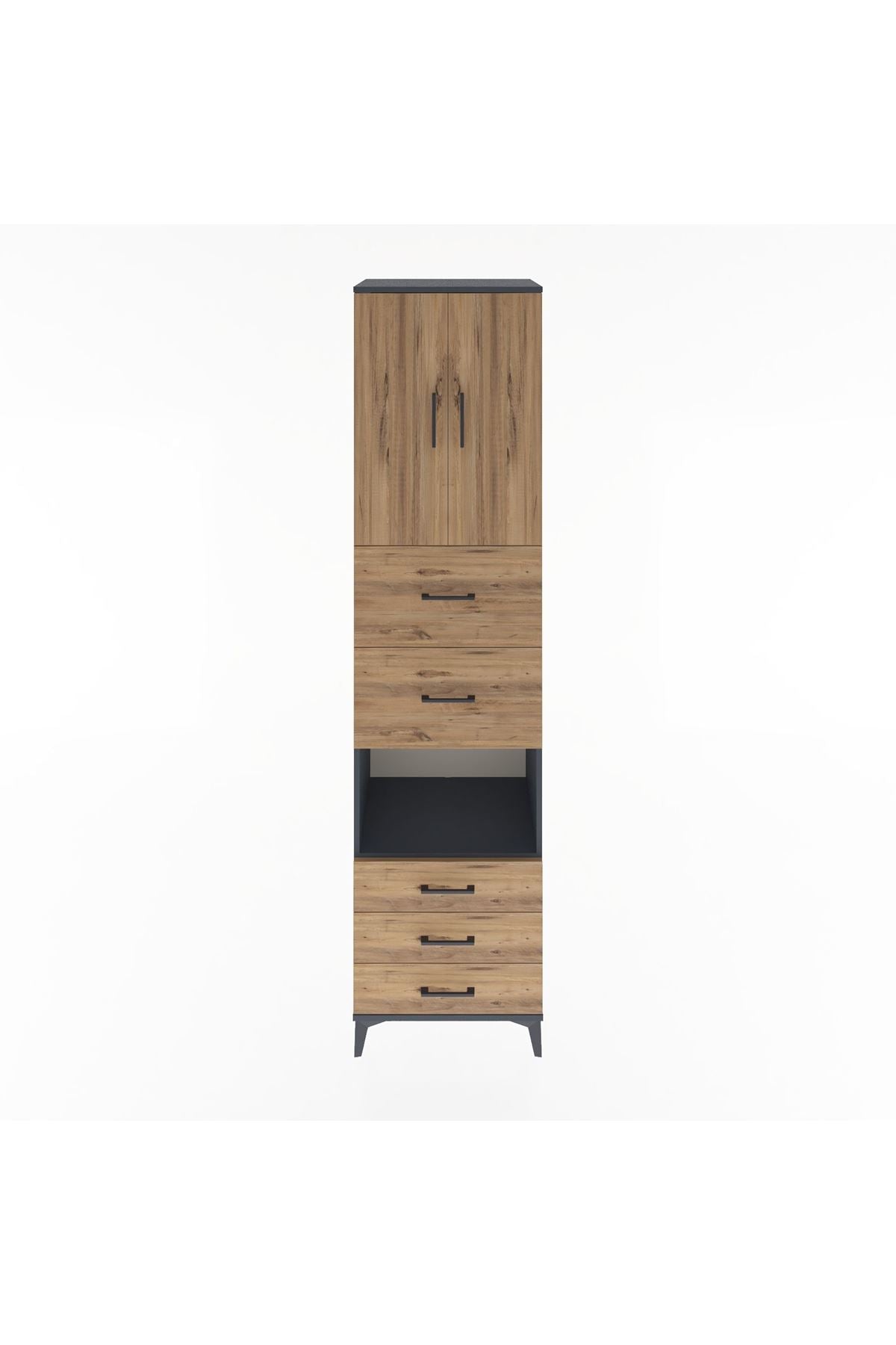 Hyperion Dolap 3 Raflı 5 Çekmeceli 2 Kapaklı 60x44x243 Antrasit-Çam