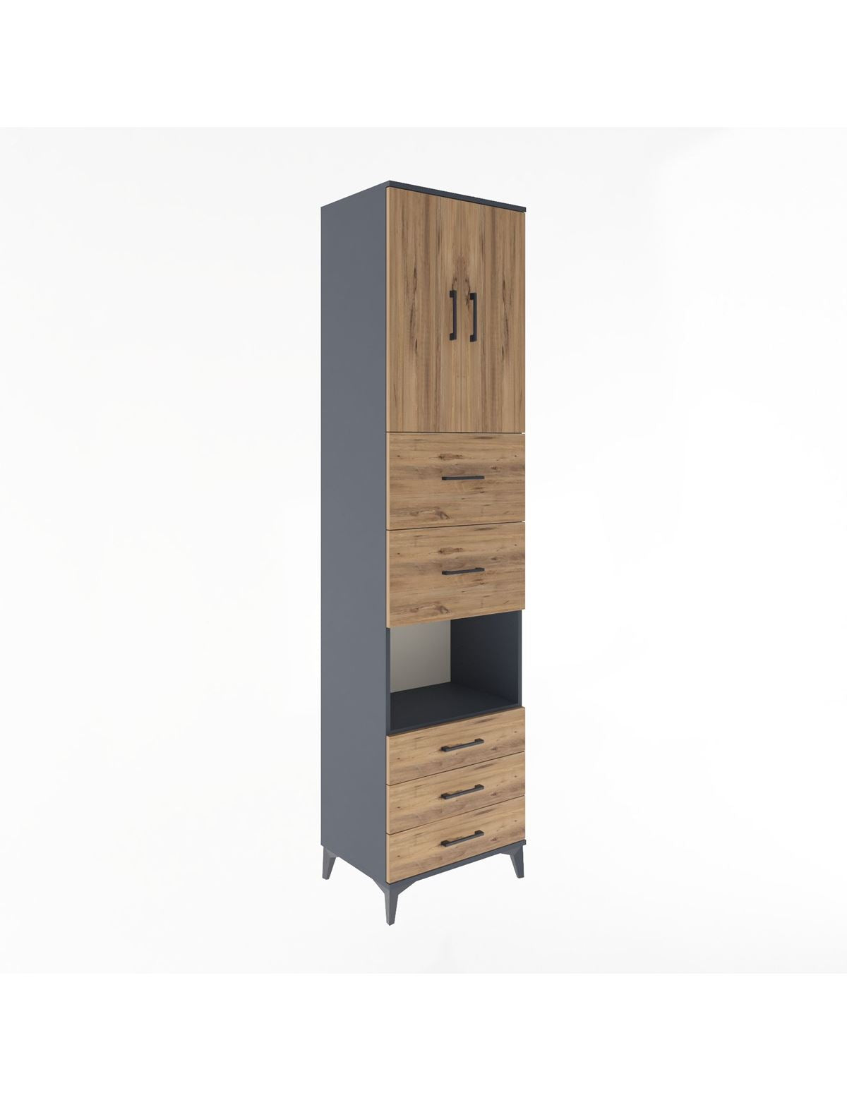 Hyperion Dolap 3 Raflı 5 Çekmeceli 2 Kapaklı 60x44x243 Antrasit-Çam