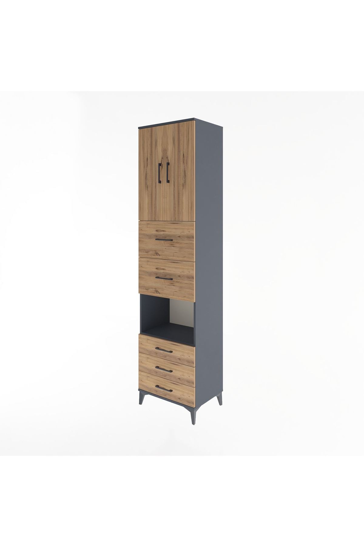 Hyperion Dolap 3 Raflı 5 Çekmeceli 2 Kapaklı 60x44x243 Antrasit-Çam