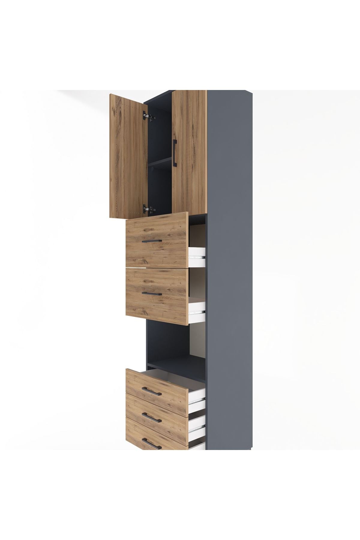 Hyperion Dolap 3 Raflı 5 Çekmeceli 2 Kapaklı 60x44x243 Antrasit-Çam