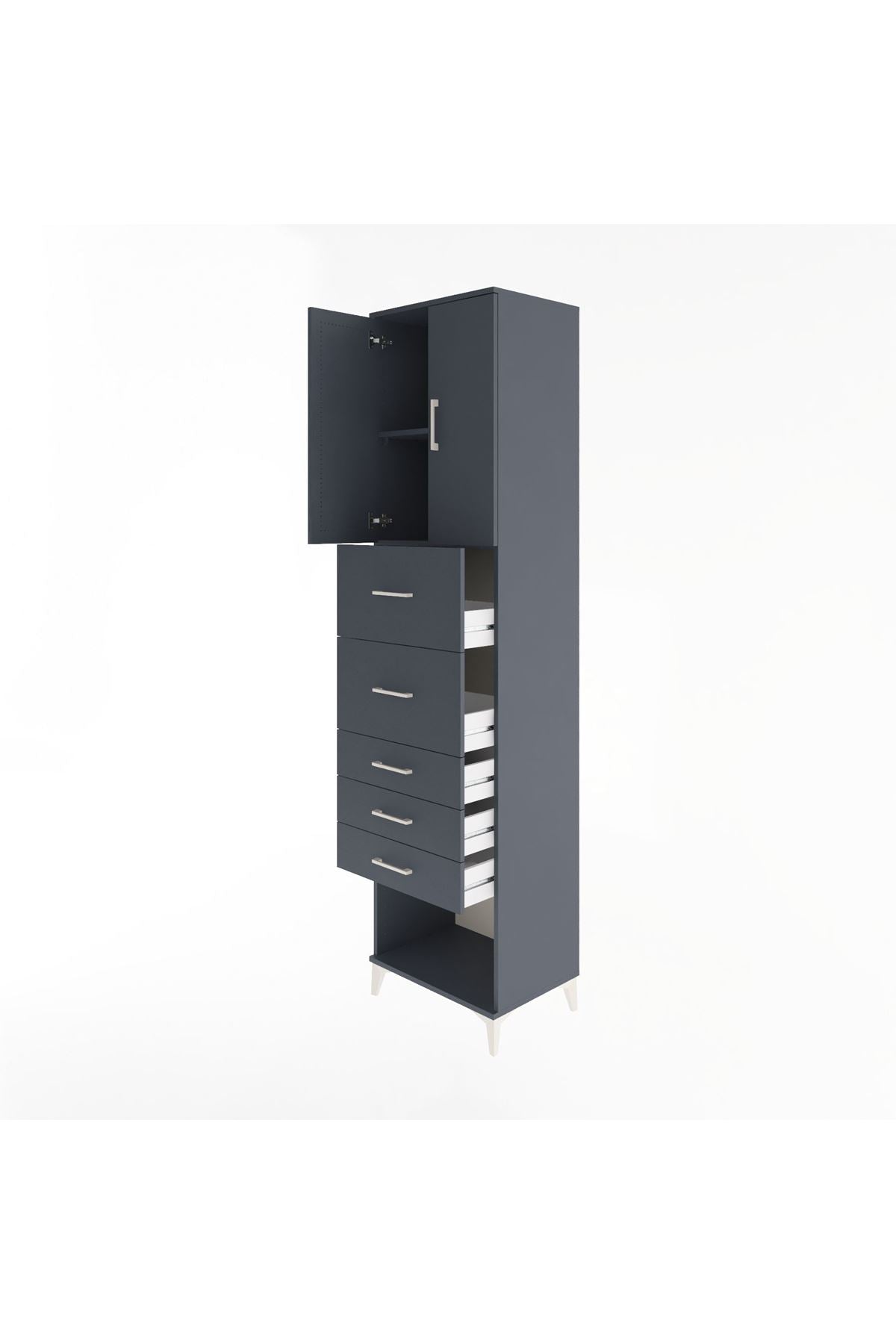 Hyperion Dolap 2 Raflı 5 Çekmeceli 2 Kapaklı 60x44x243 Antrasit-Antrasit