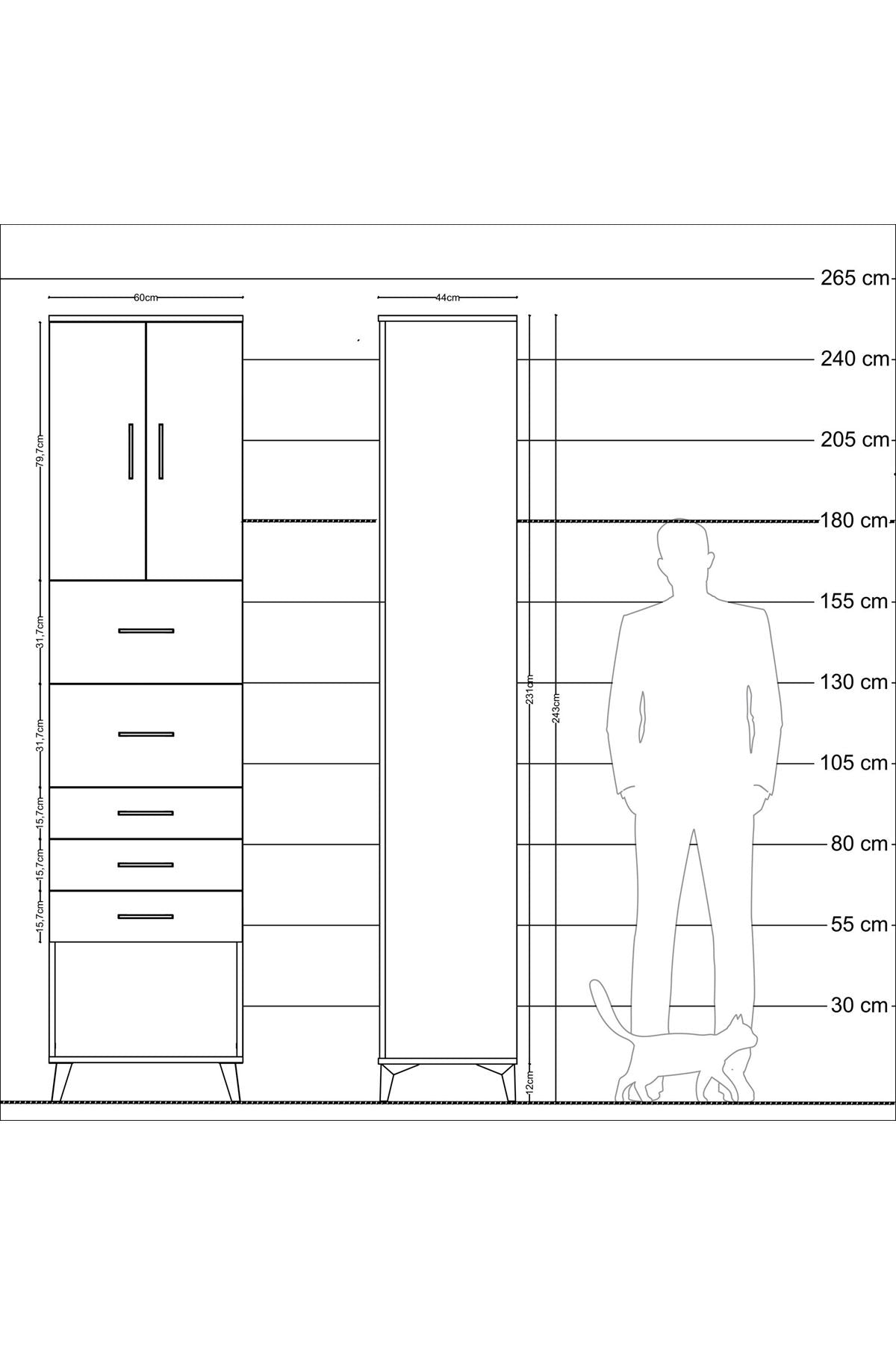 Hyperion Dolap 2 Raflı 5 Çekmeceli 2 Kapaklı 60x44x243 Antrasit-Antrasit
