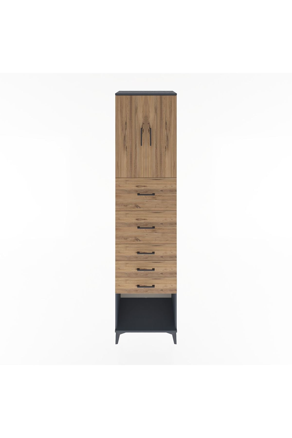 Hyperion Dolap 2 Raflı 5 Çekmeceli 2 Kapaklı 60x44x243 Antrasit-Çam