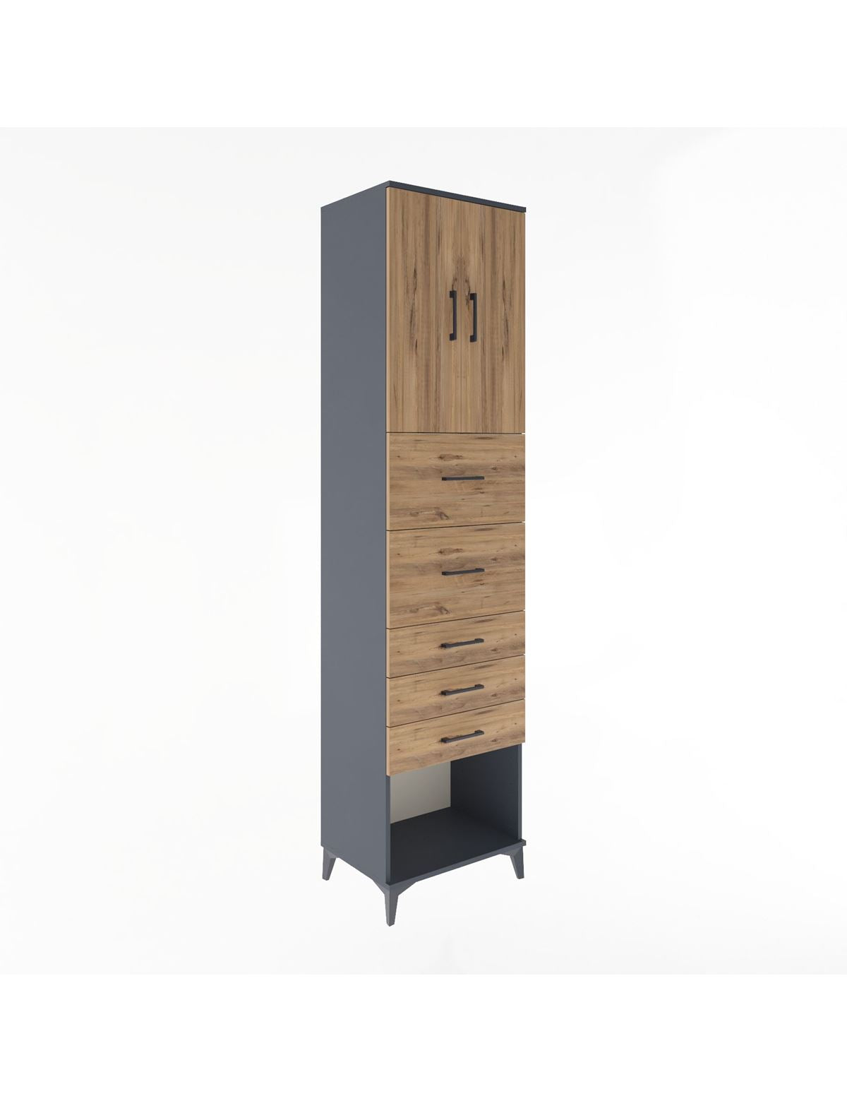 Hyperion Dolap 2 Raflı 5 Çekmeceli 2 Kapaklı 60x44x243 Antrasit-Çam