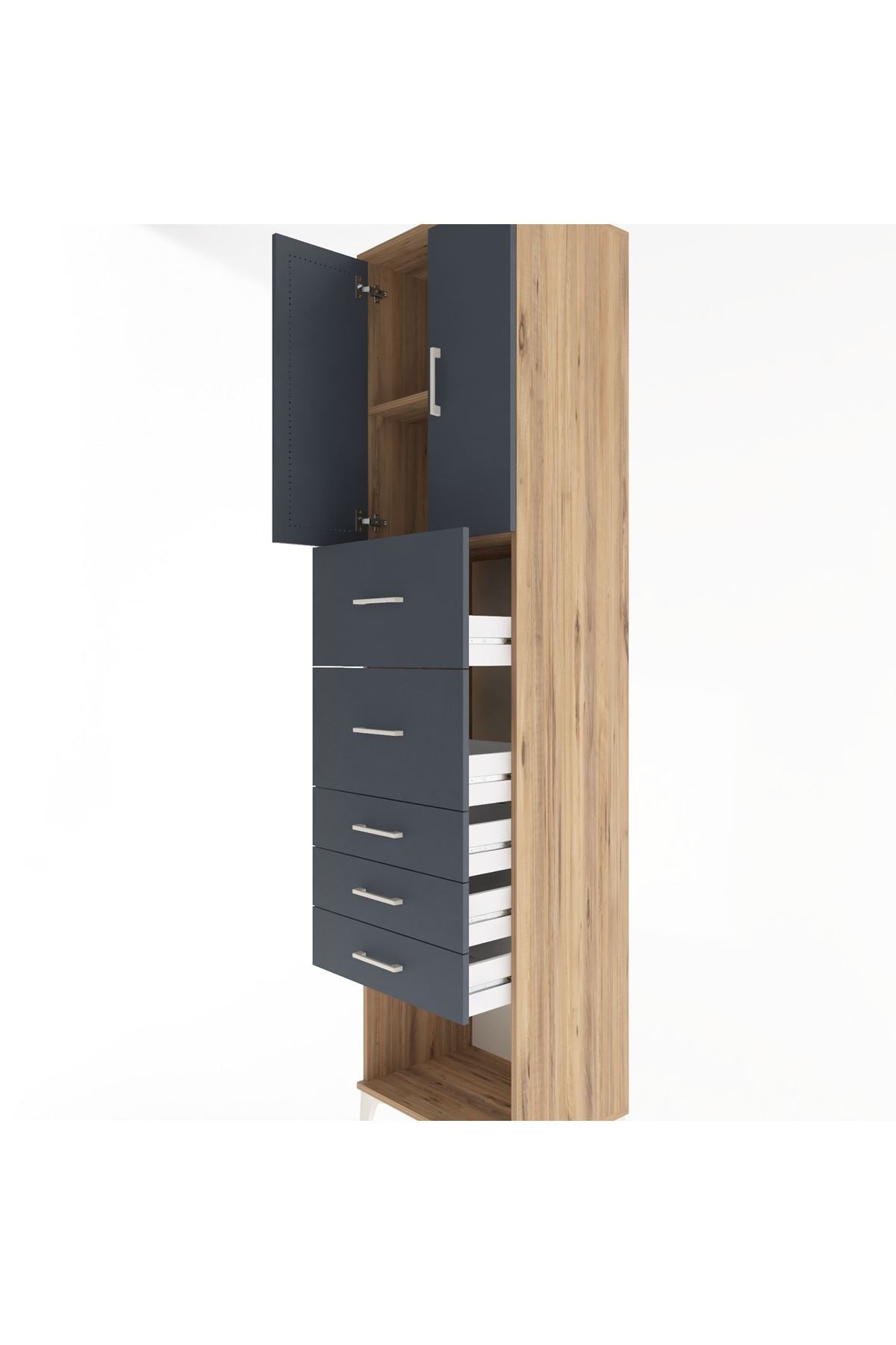 Hyperion Dolap 2 Raflı 5 Çekmeceli 2 Kapaklı 60x44x243 Çam-Antrasit