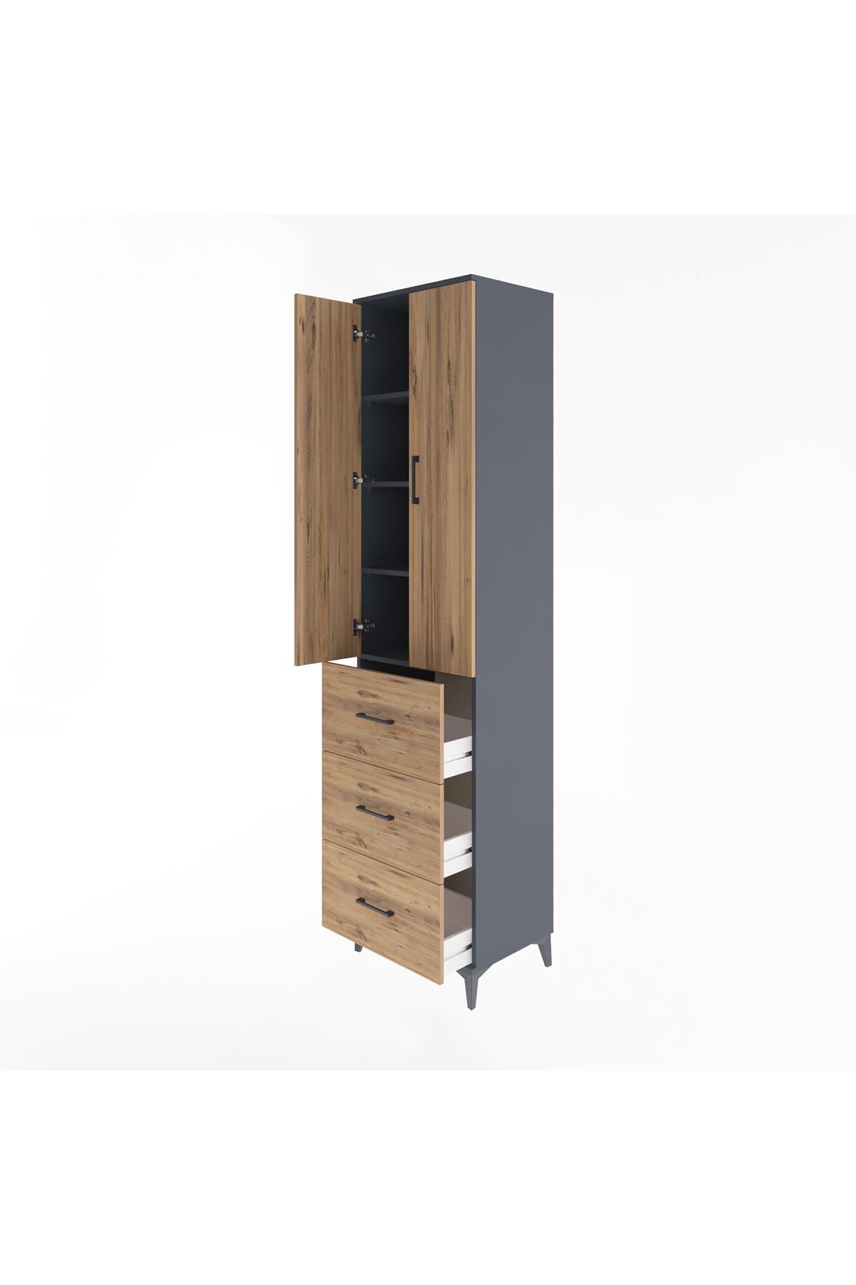 Hyperion Dolap 4 Raflı 3 Çekmeceli 2 Kapaklı 60x44x243 Antrasit-Çam